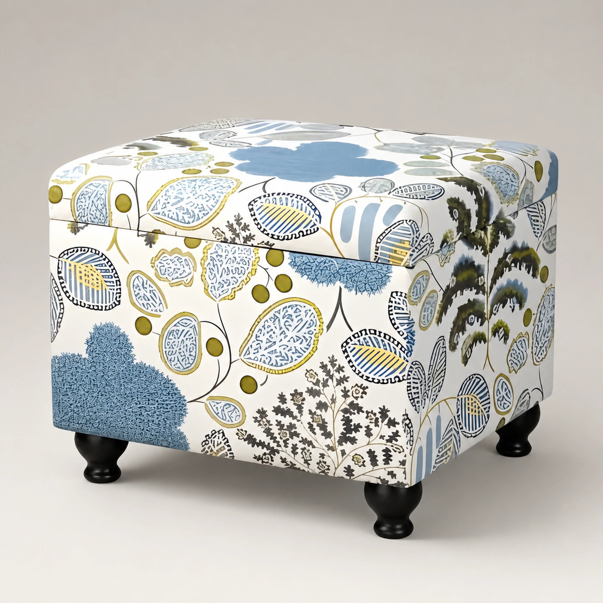 Beringia Blue Leaf Pattern faux leather 21.5-inch storage ottoman – warm studio front view