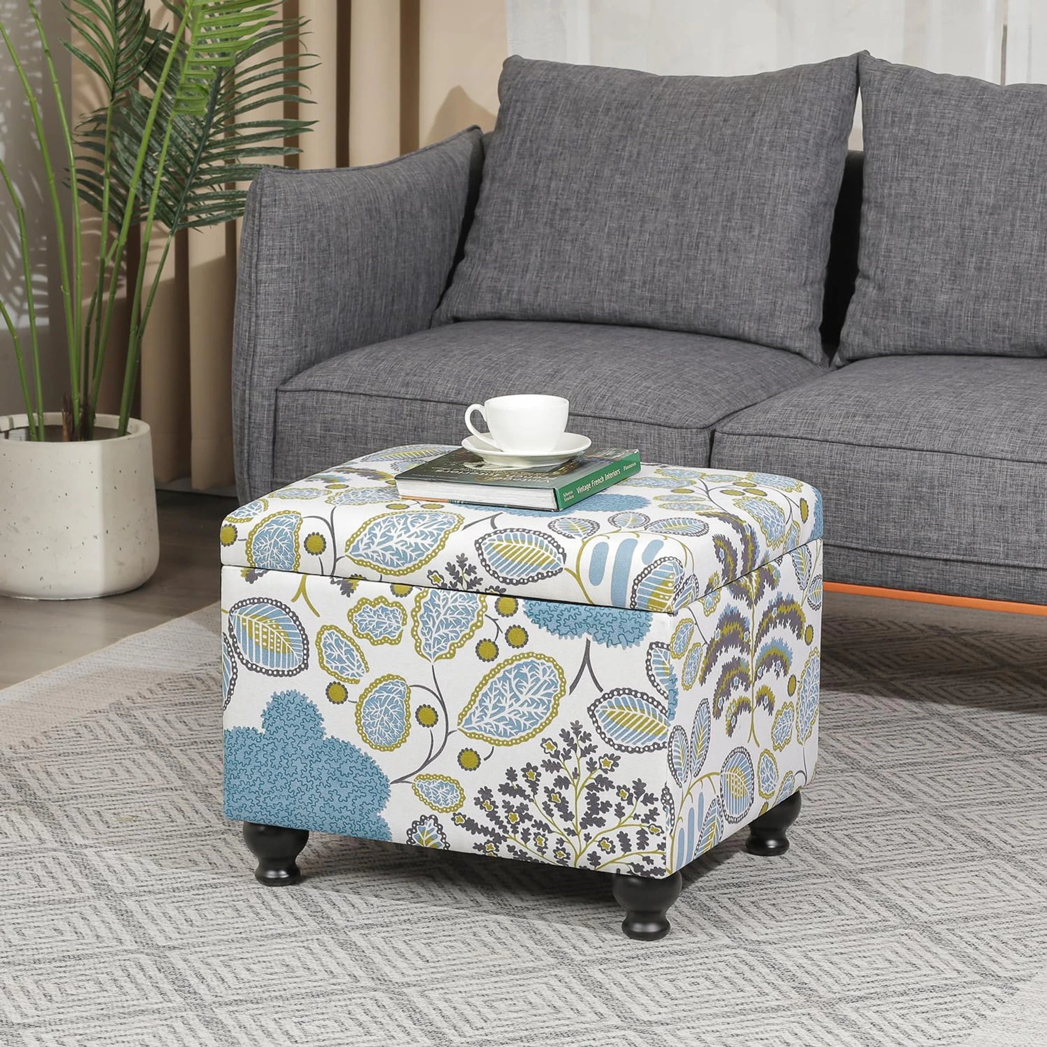 Adeco Blue Leaf Pattern Faux Leather Storage Ottoman – styled home scene