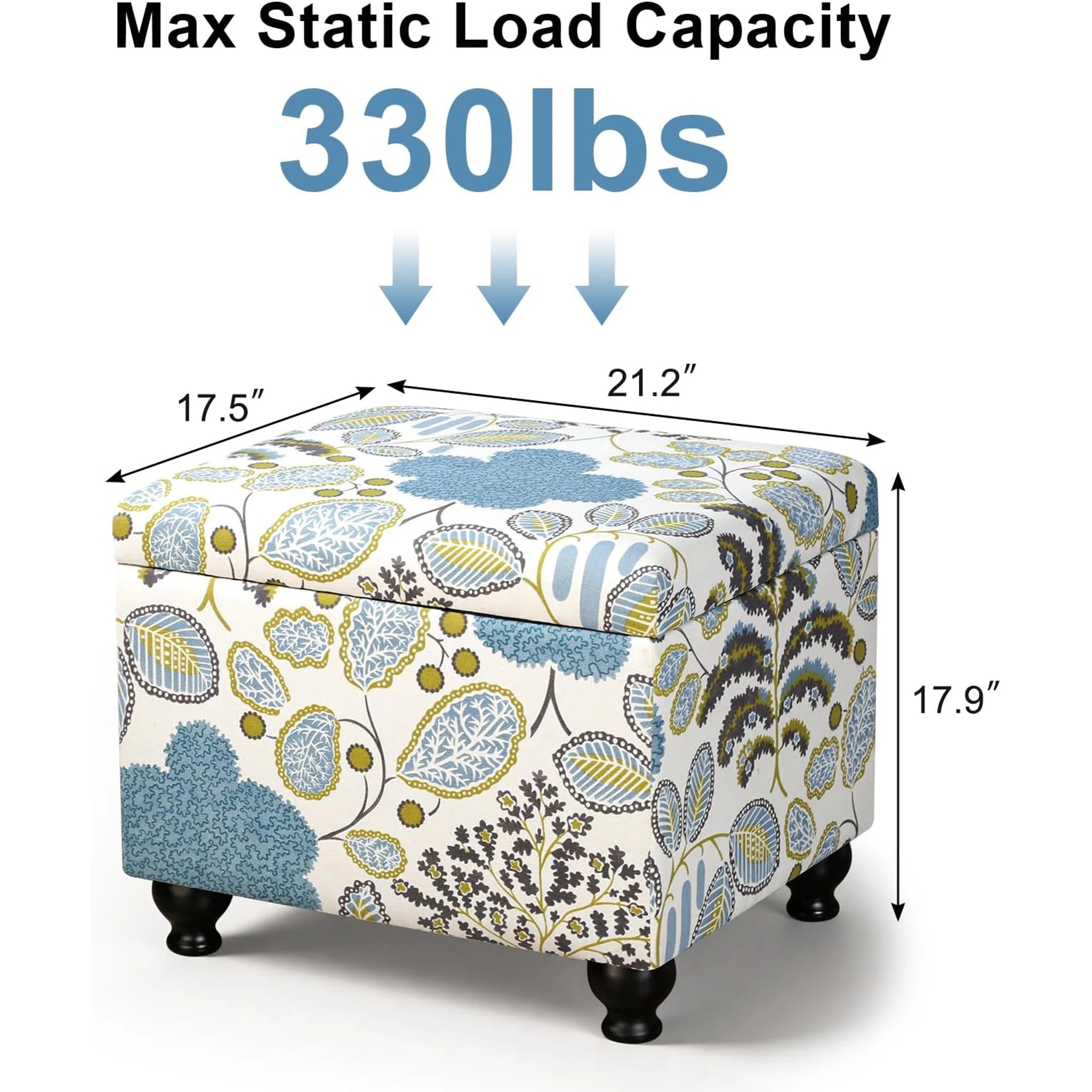 Adeco Blue Leaf Pattern Faux Leather Storage Ottoman – dimensions chart