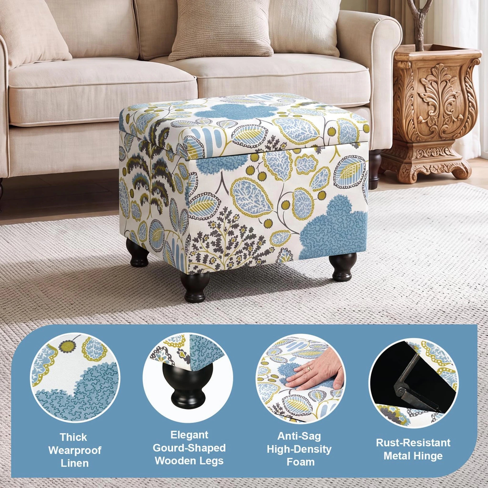 Adeco Blue Leaf Pattern Faux Leather Storage Ottoman – detail and materials view