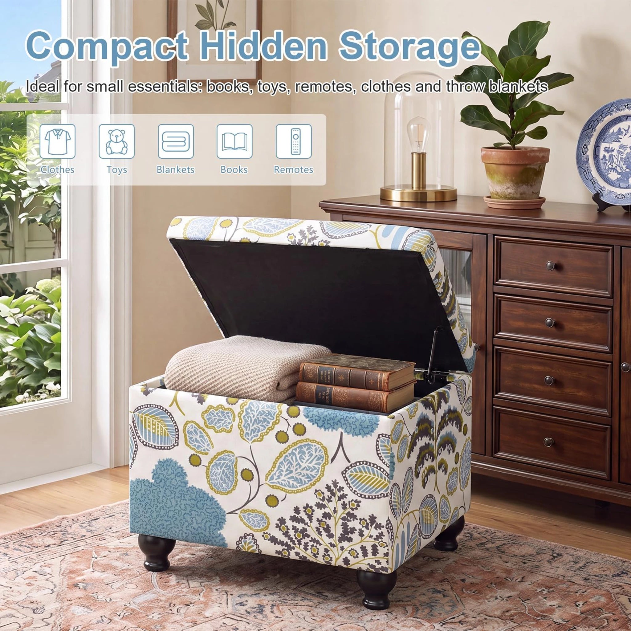 Adeco Blue Leaf Pattern Faux Leather Storage Ottoman – lifestyle room view