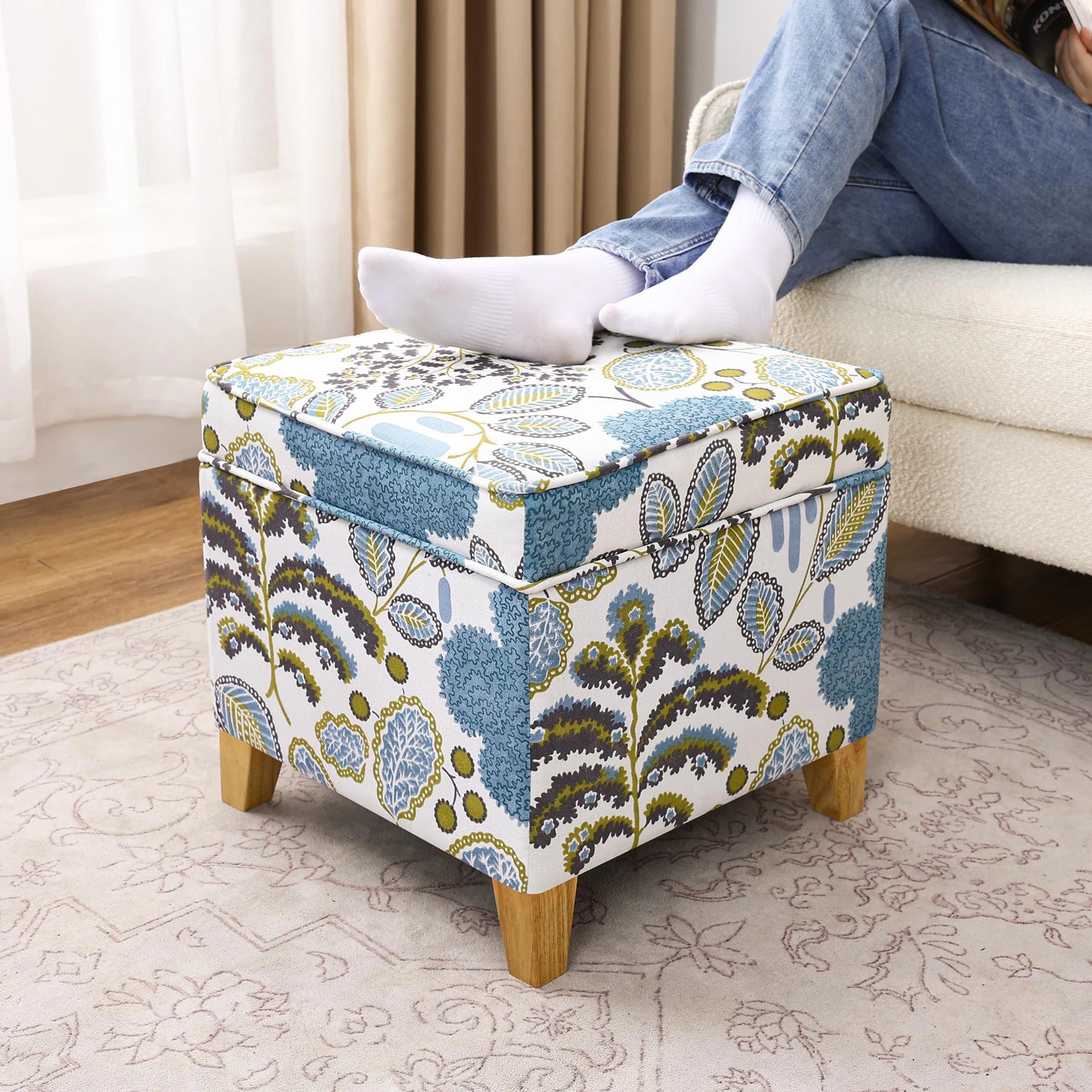 Adeco Blue Leaves Fabric Square Storage Ottoman – styled home scene
