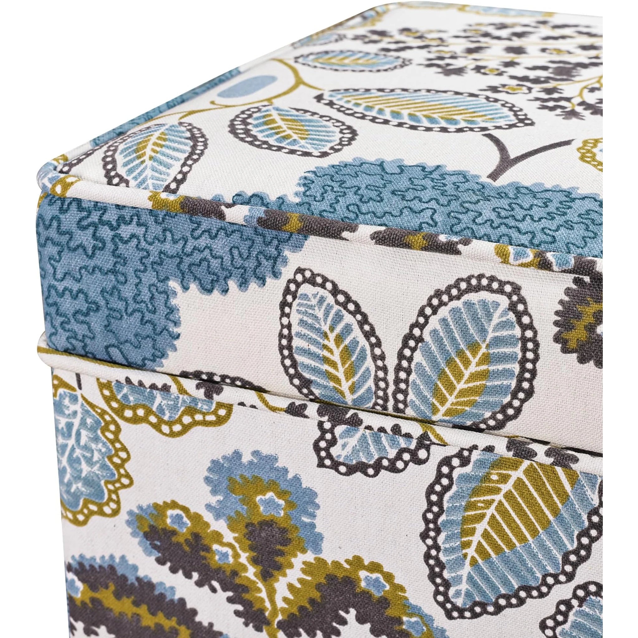 Adeco Blue Leaves Fabric Square Storage Ottoman – detail and materials view