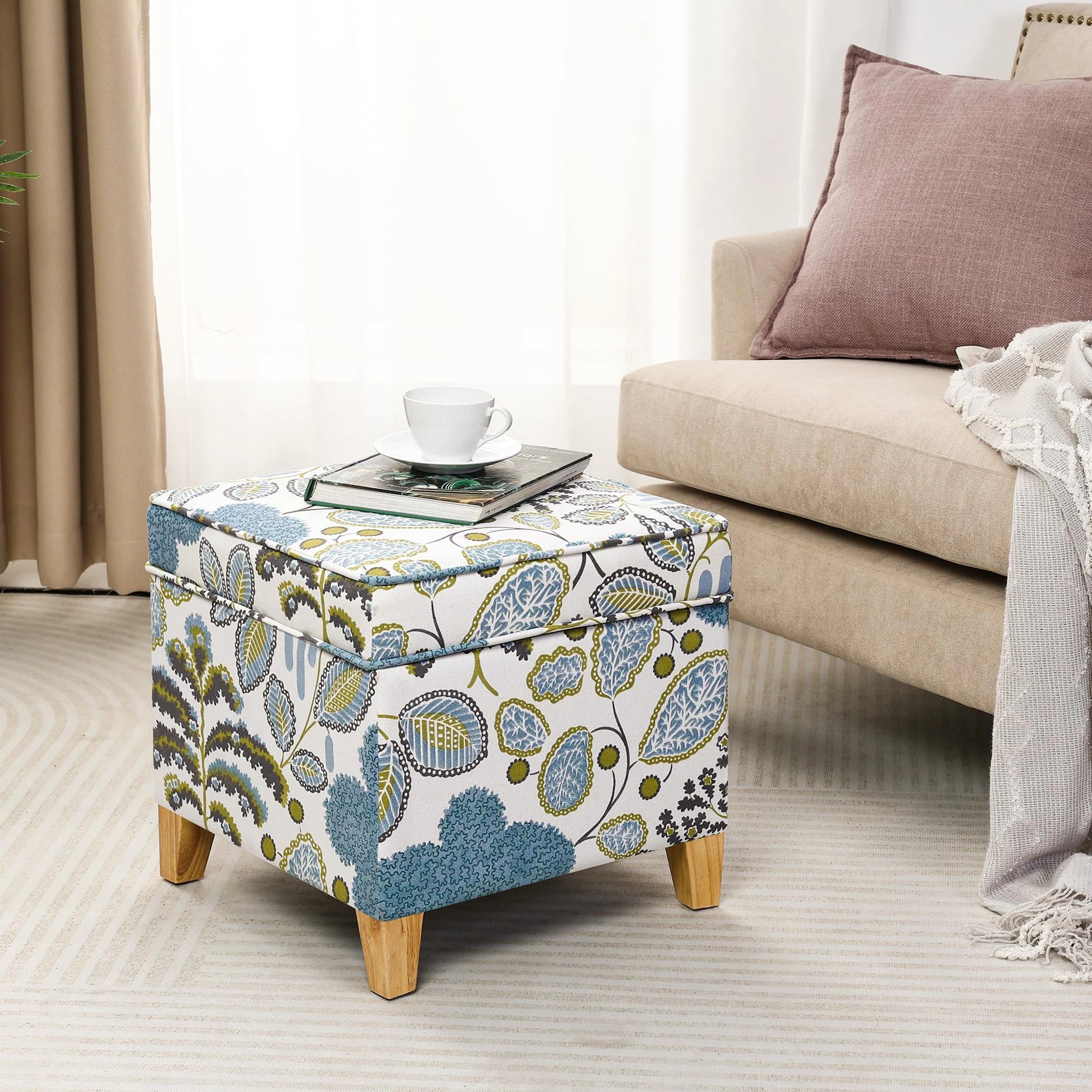 Adeco Blue Leaves Fabric Square Storage Ottoman – lifestyle room view