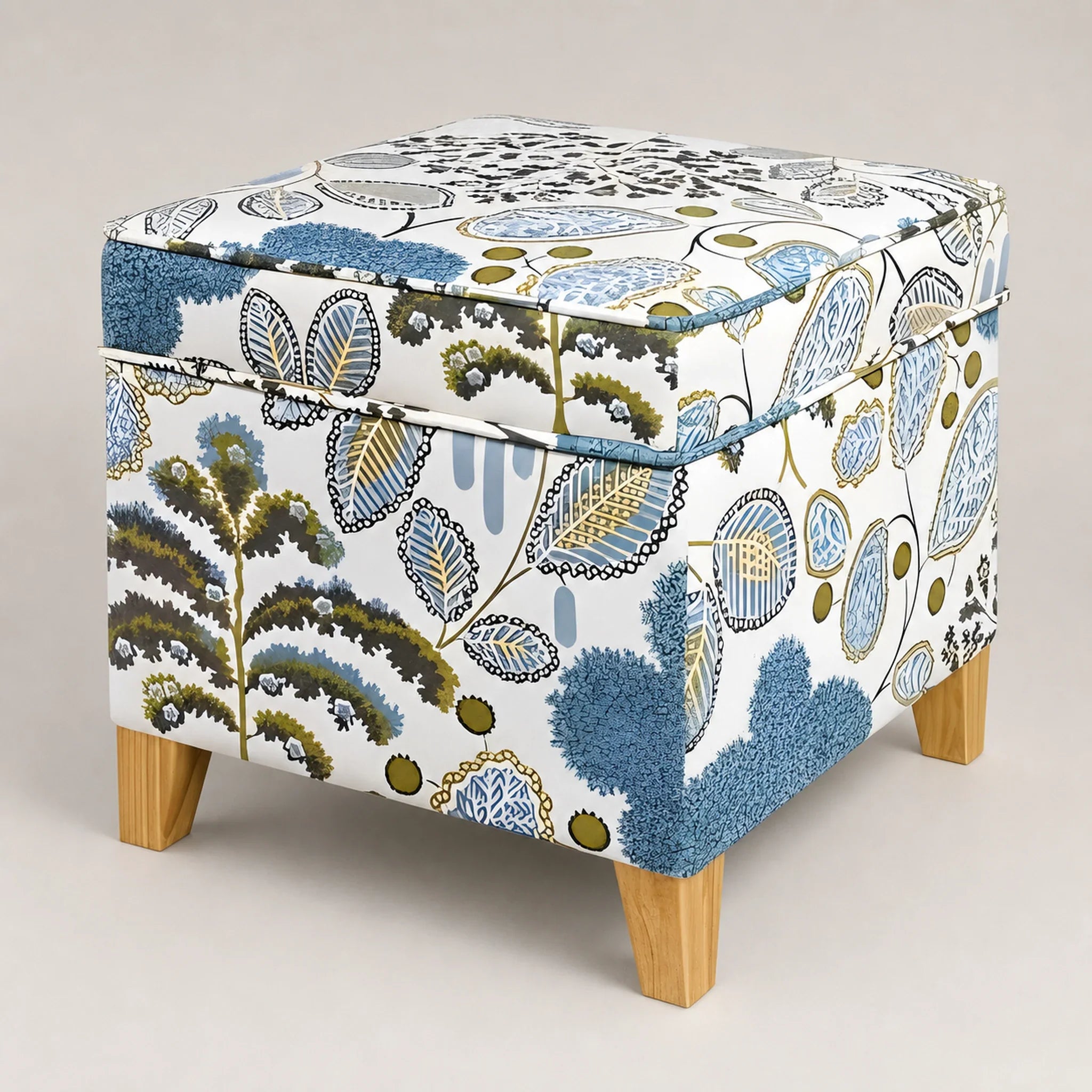 Adeco Blue Leaves storage ottoman – warm studio front view#Color_Blue Leaves