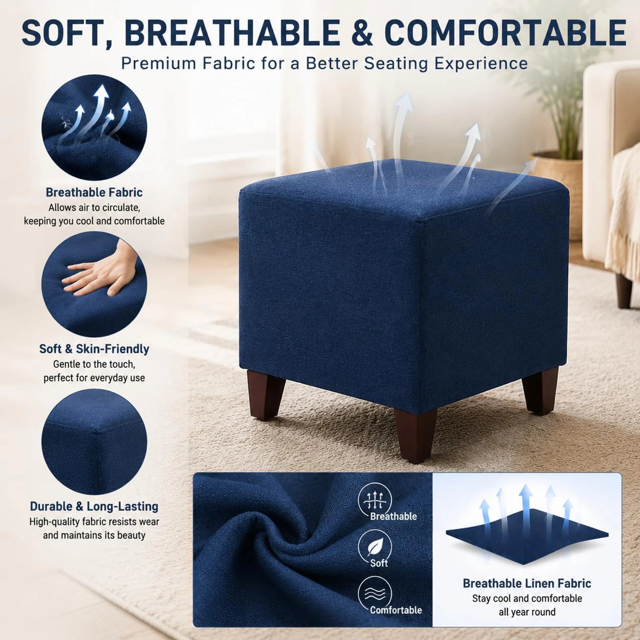 Adeco Blue Linen Square Vanity Stool – detail and materials view
