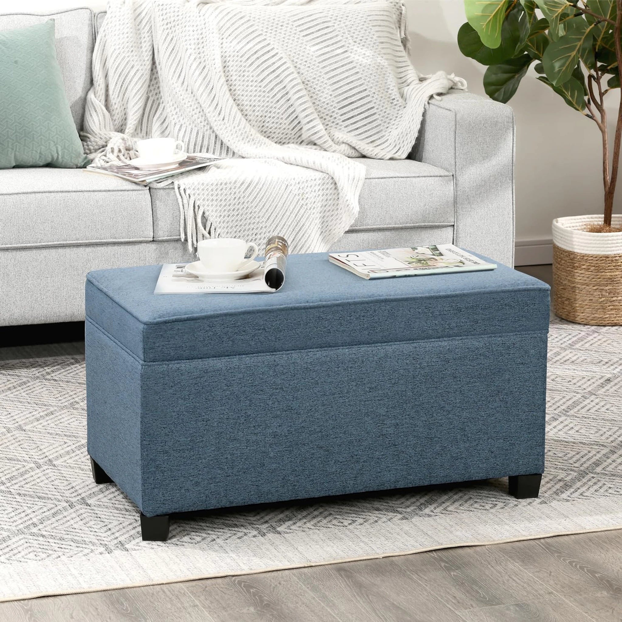 Adeco Blue Linen Storage Ottoman Bench – styled home scene