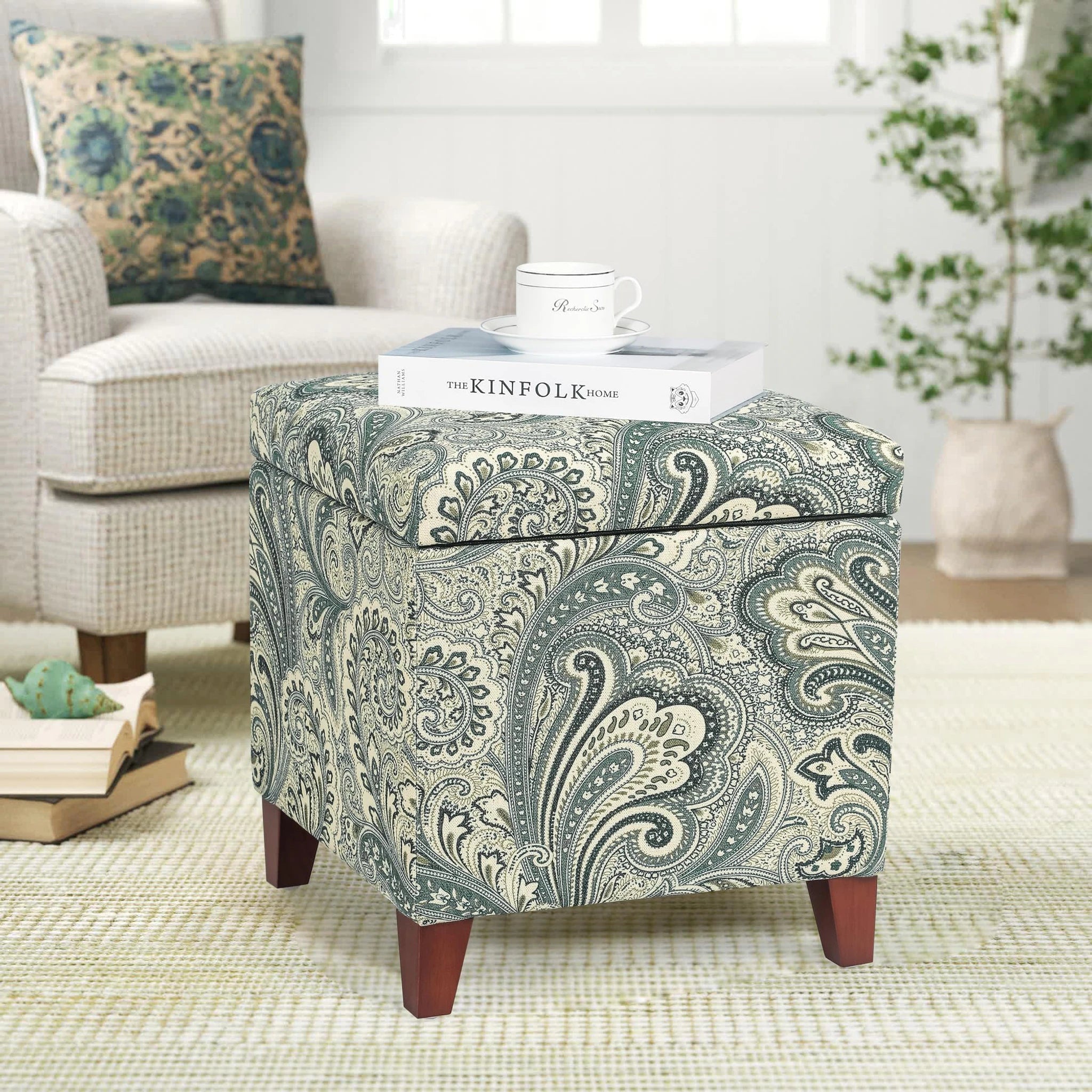 Adeco Blue Paisley Fabric Square Storage Ottoman – styled home scene