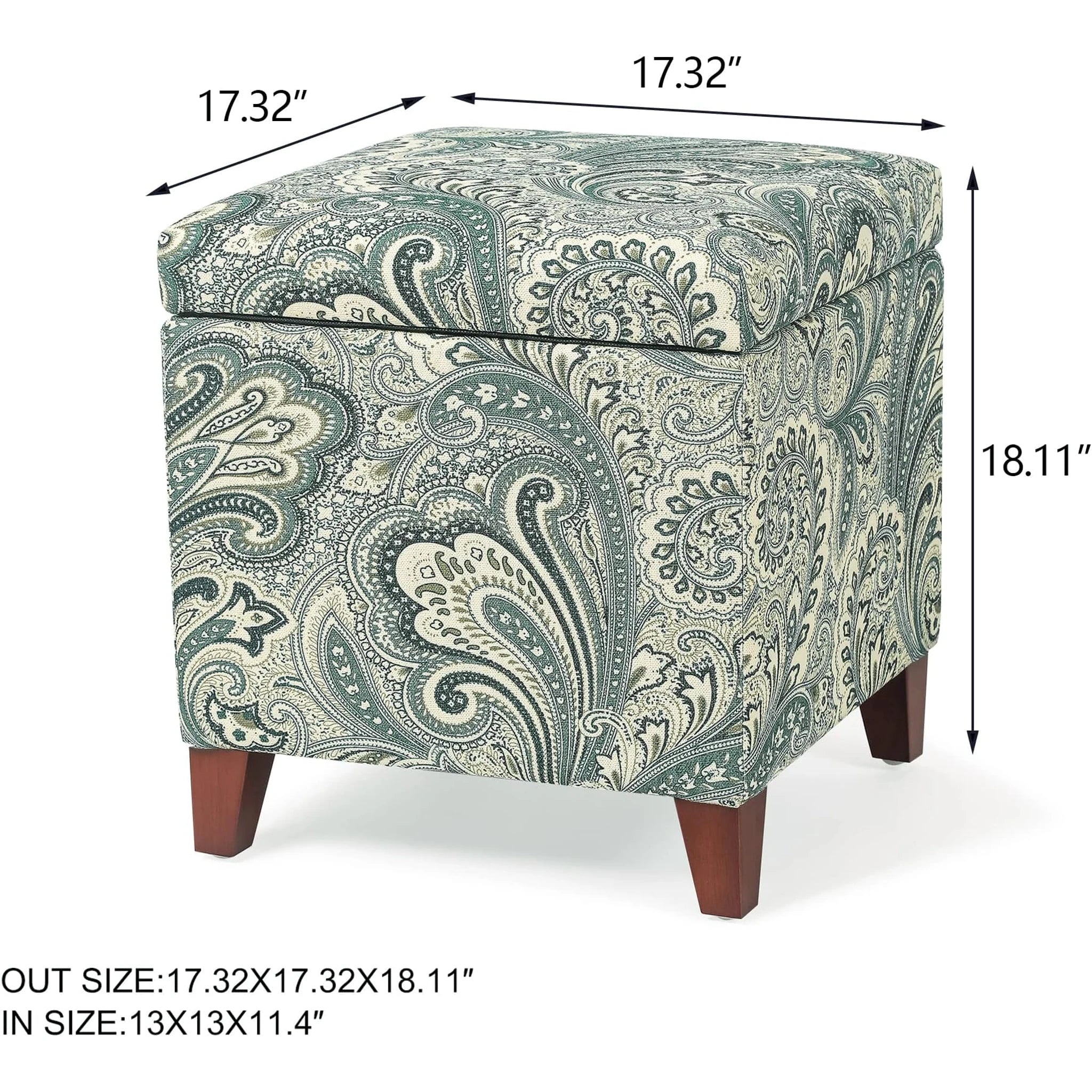 Adeco Blue Paisley Fabric Square Storage Ottoman – dimensions chart