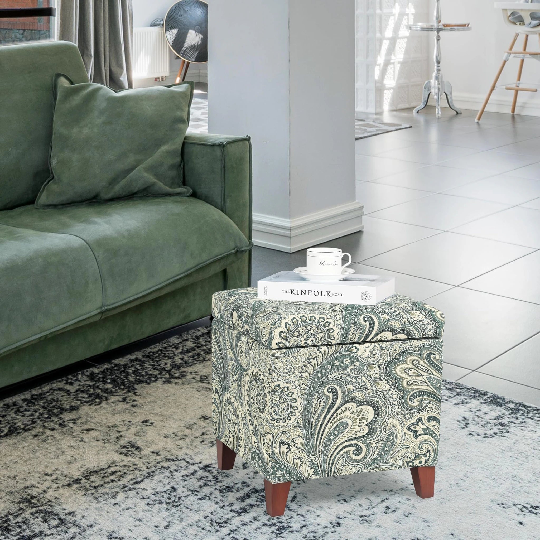 Adeco Blue Paisley Fabric Square Storage Ottoman – lifestyle room view