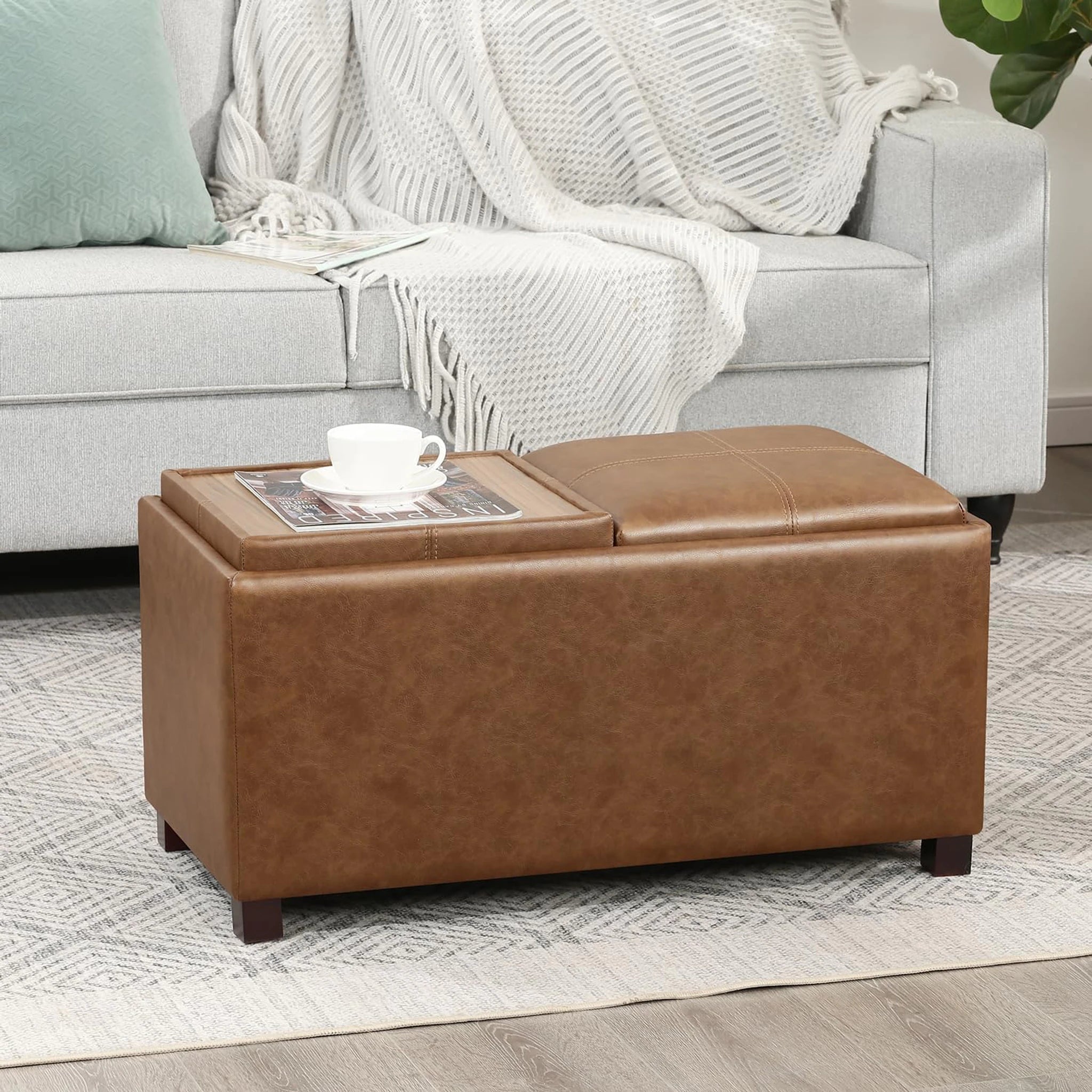 Adeco Brown Faux Leather Storage Ottoman Bench – styled home scene