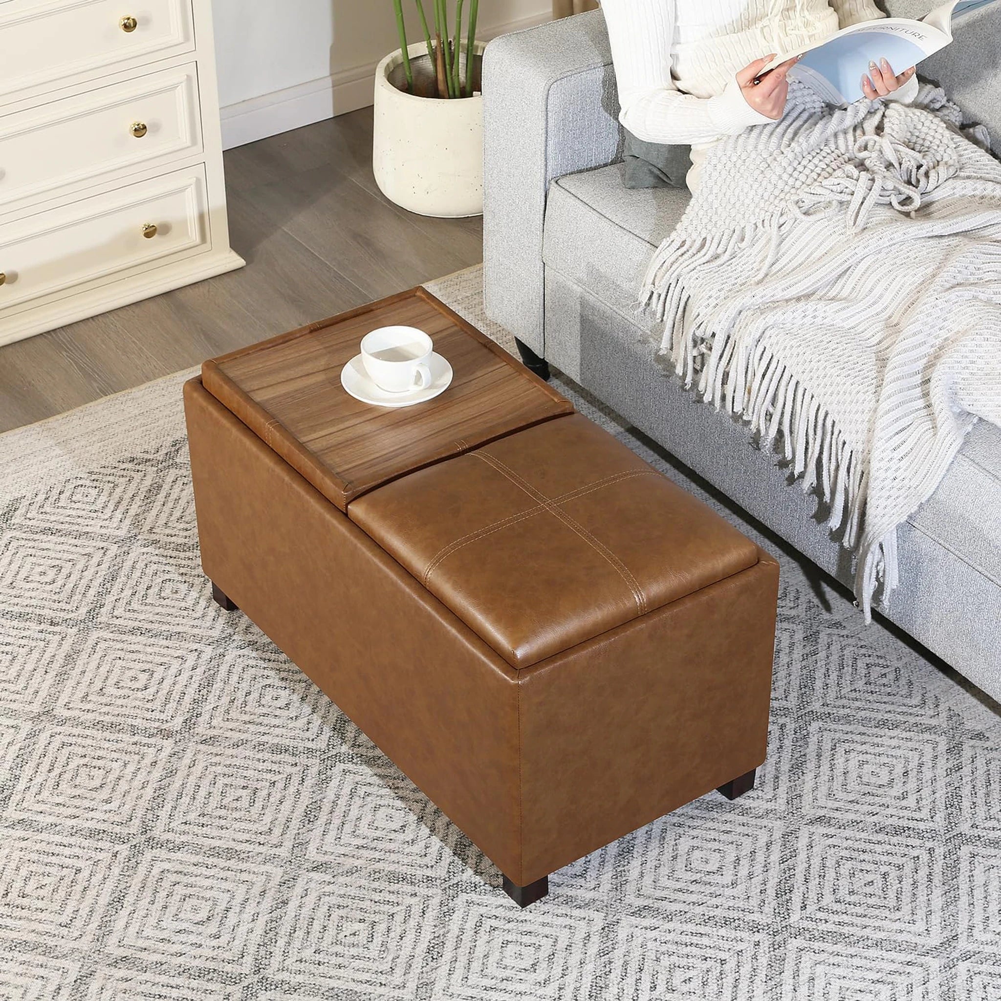 Adeco Brown Faux Leather Storage Ottoman Bench – lifestyle room view