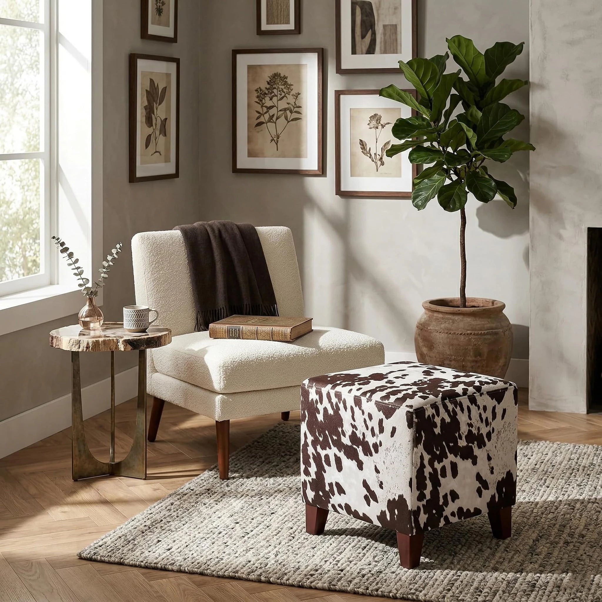 Adeco Brown Linen Square Vanity Stool – lifestyle room view