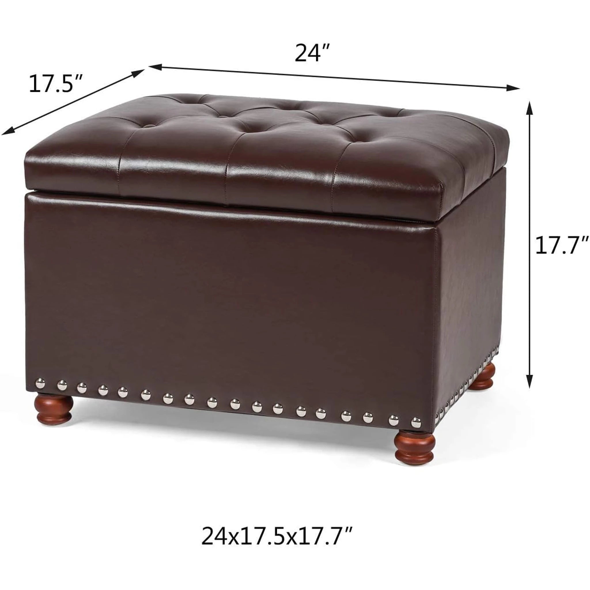 Adeco Brown New Lift-Top Tufted Faux Leather Storage Ottoman – dimensions chart