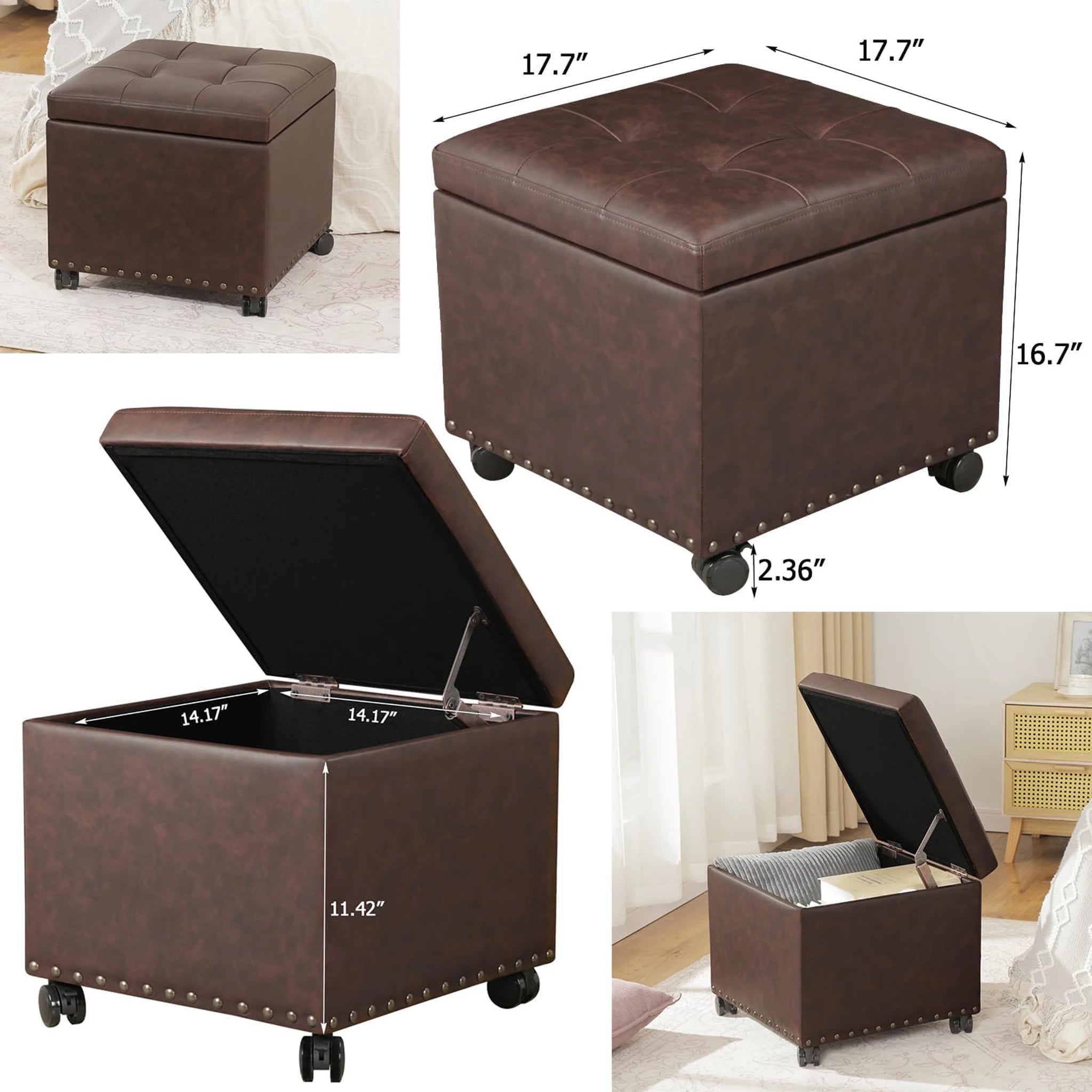 Adeco Brown With Wheels Tufted Faux Leather Storage Ottoman – dimensions chart