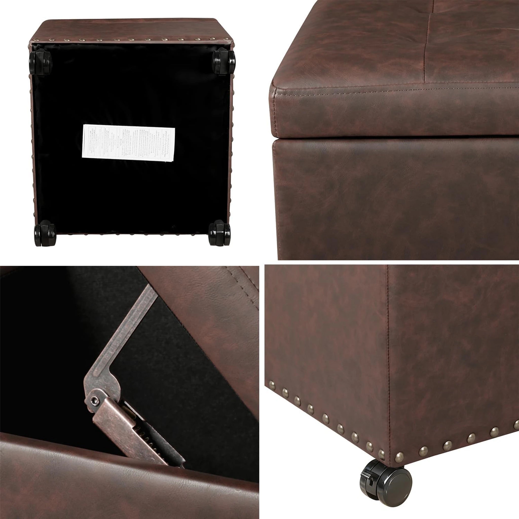 Adeco Brown With Wheels Tufted Faux Leather Storage Ottoman – detail and materials view