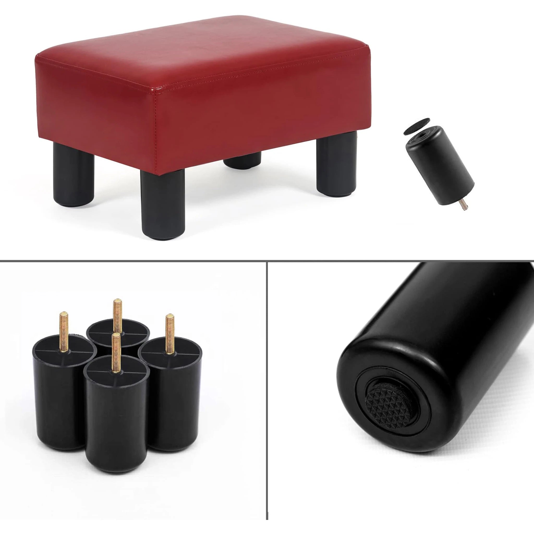 Adeco Burgundy Red Faux Leather Storage Ottoman – detail and materials view