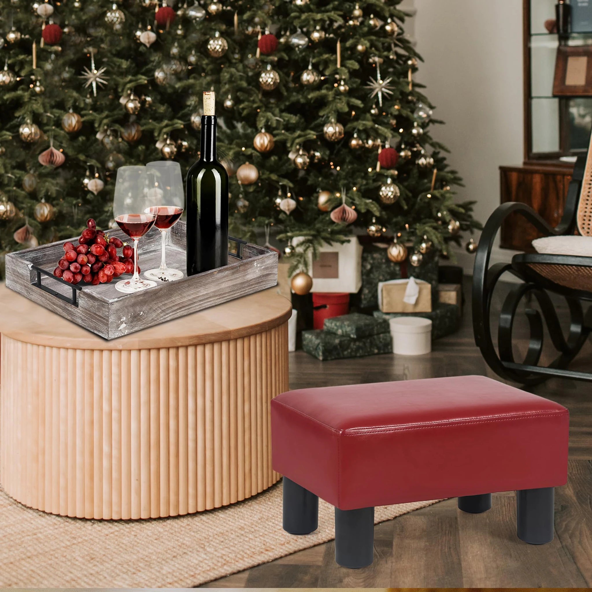 Adeco Burgundy Red Faux Leather Storage Ottoman – lifestyle room view