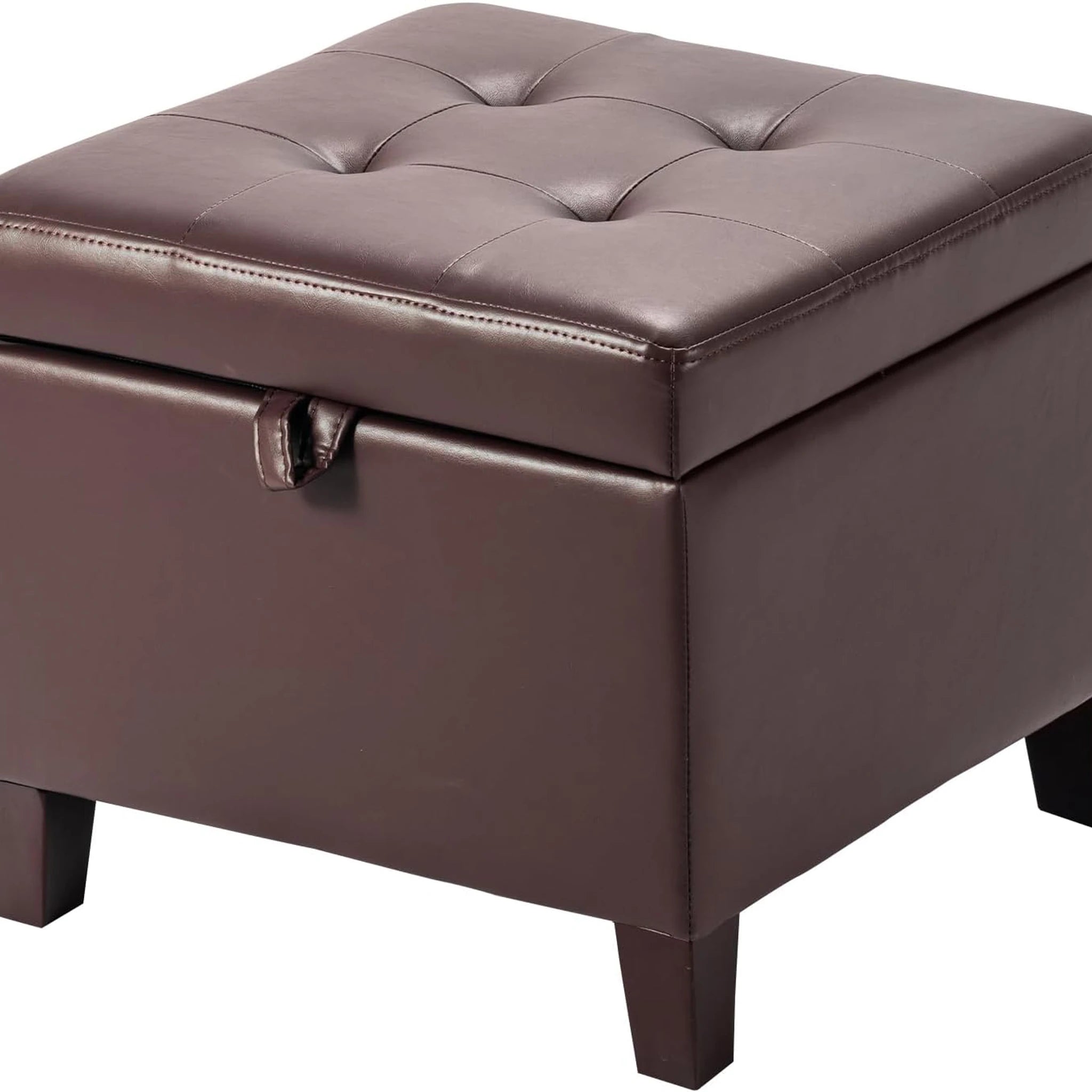 Adeco Chocolate Brown Faux Leather Square Storage Ottoman – styled home scene