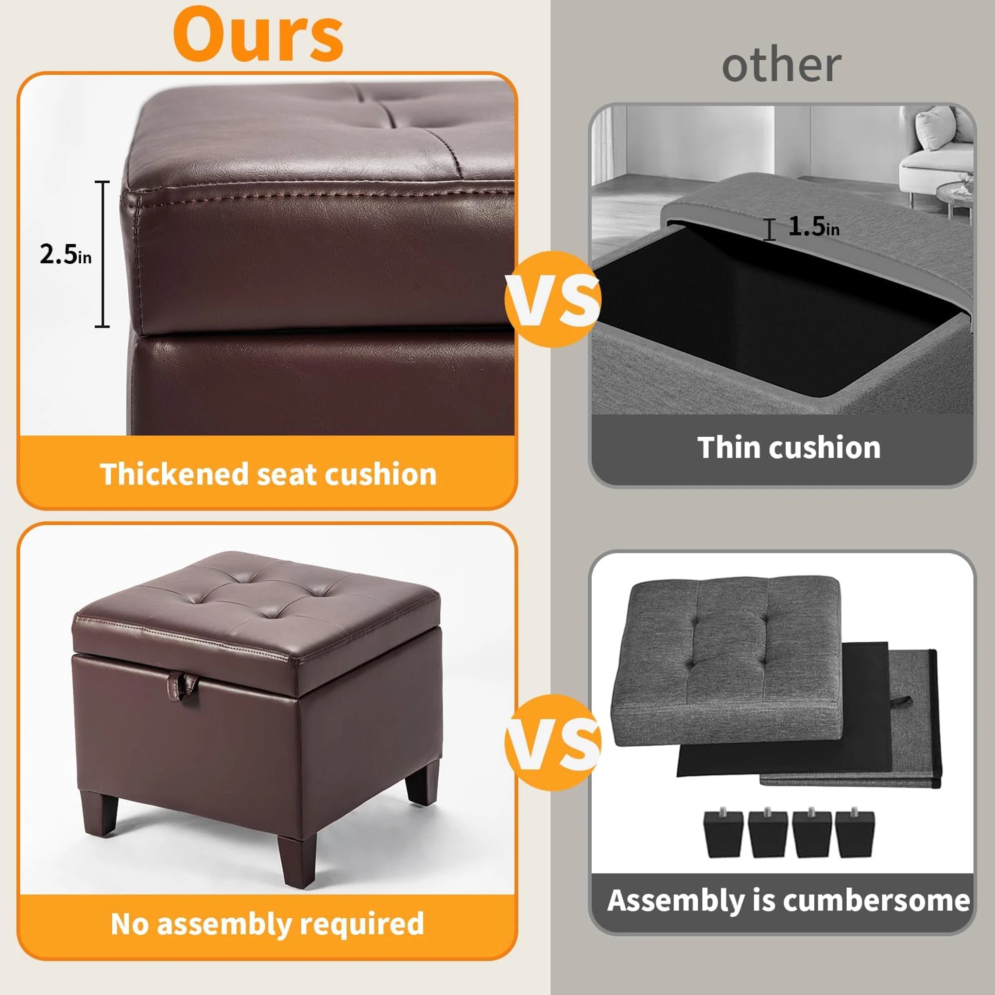 Adeco Chocolate Brown Faux Leather Square Storage Ottoman – detail and materials view