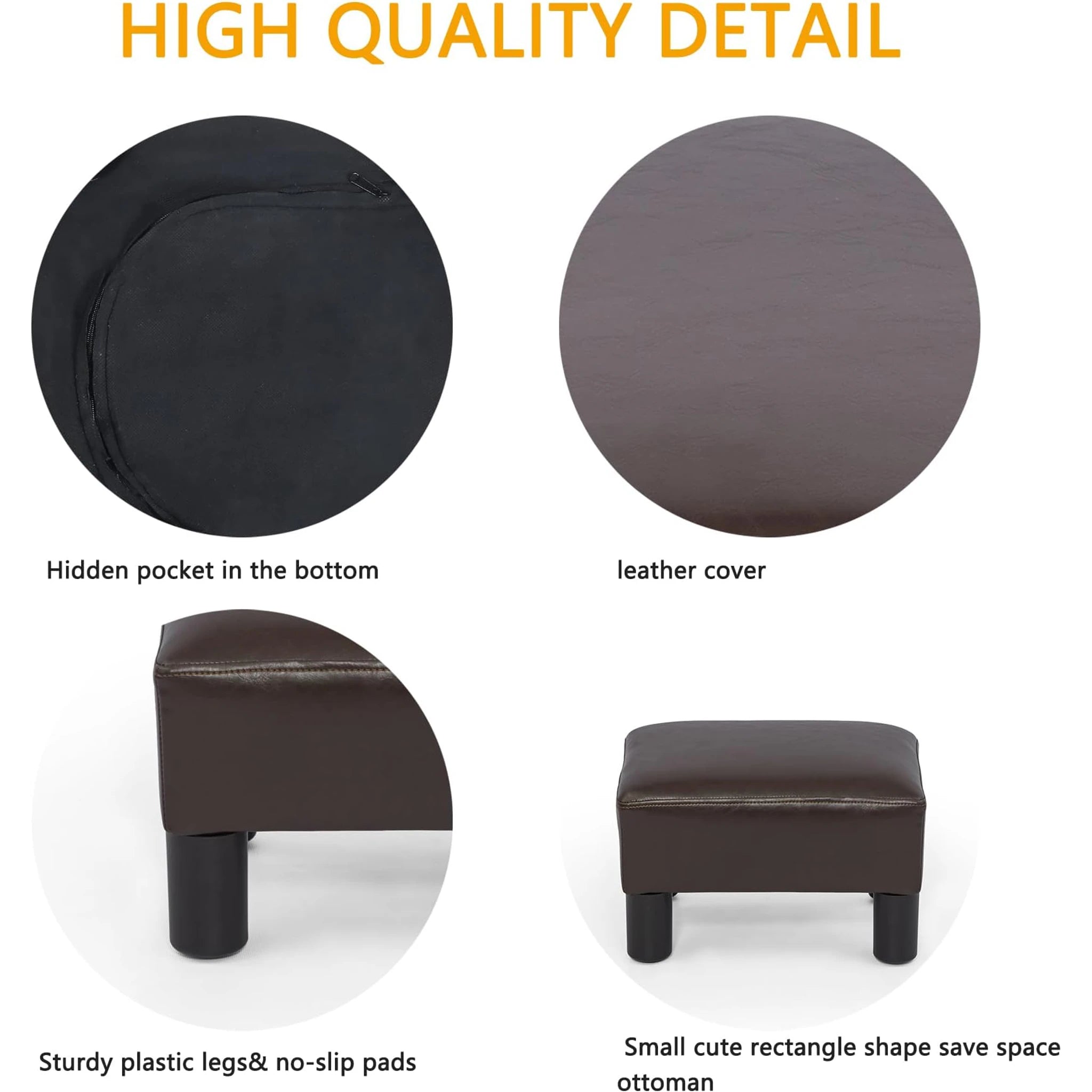 Adeco Coffee Brown Faux Leather Storage Ottoman – detail and materials view
