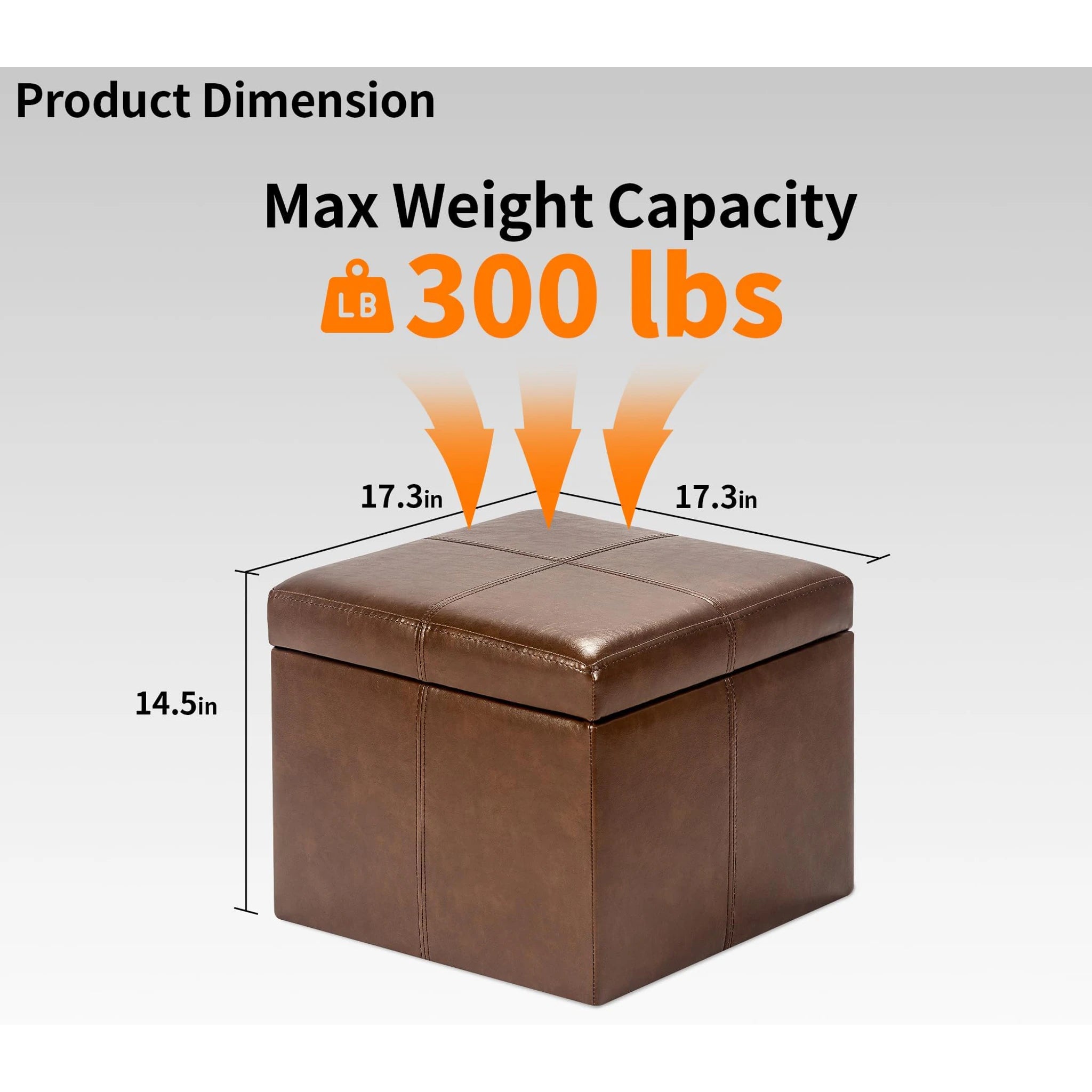 Adeco Coffee Brown Legless Faux Leather Storage Ottoman – dimensions chart