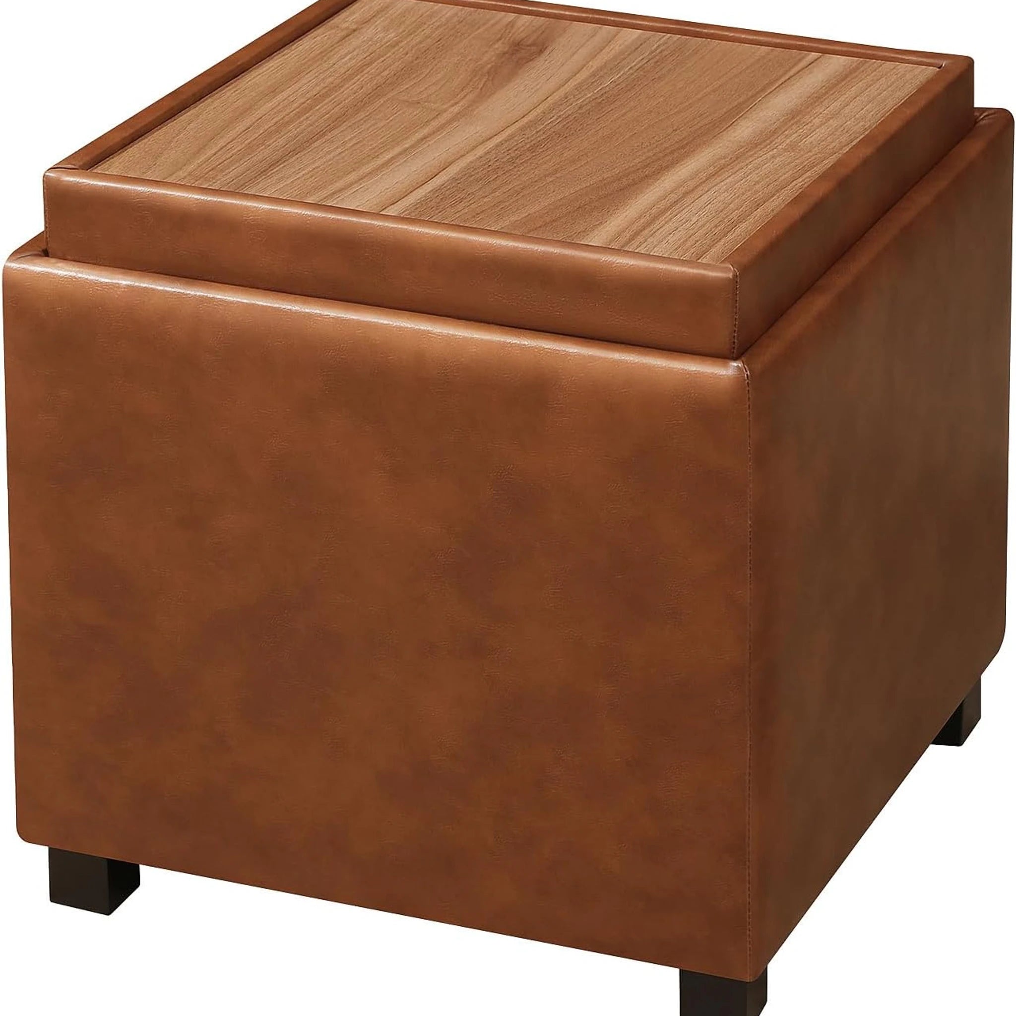Adeco Cognac Brown – Upgraded Version Tray-Top Faux Leather Square Storage Ottoman – styled home scene