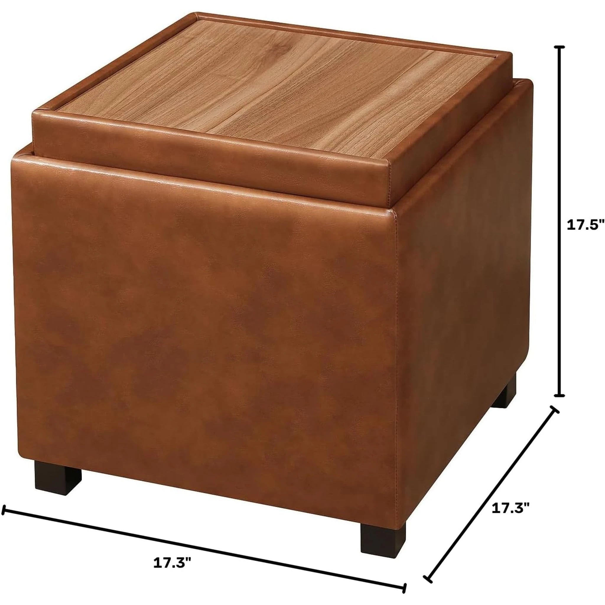 Adeco Cognac Brown – Upgraded Version Tray-Top Faux Leather Square Storage Ottoman – dimensions chart