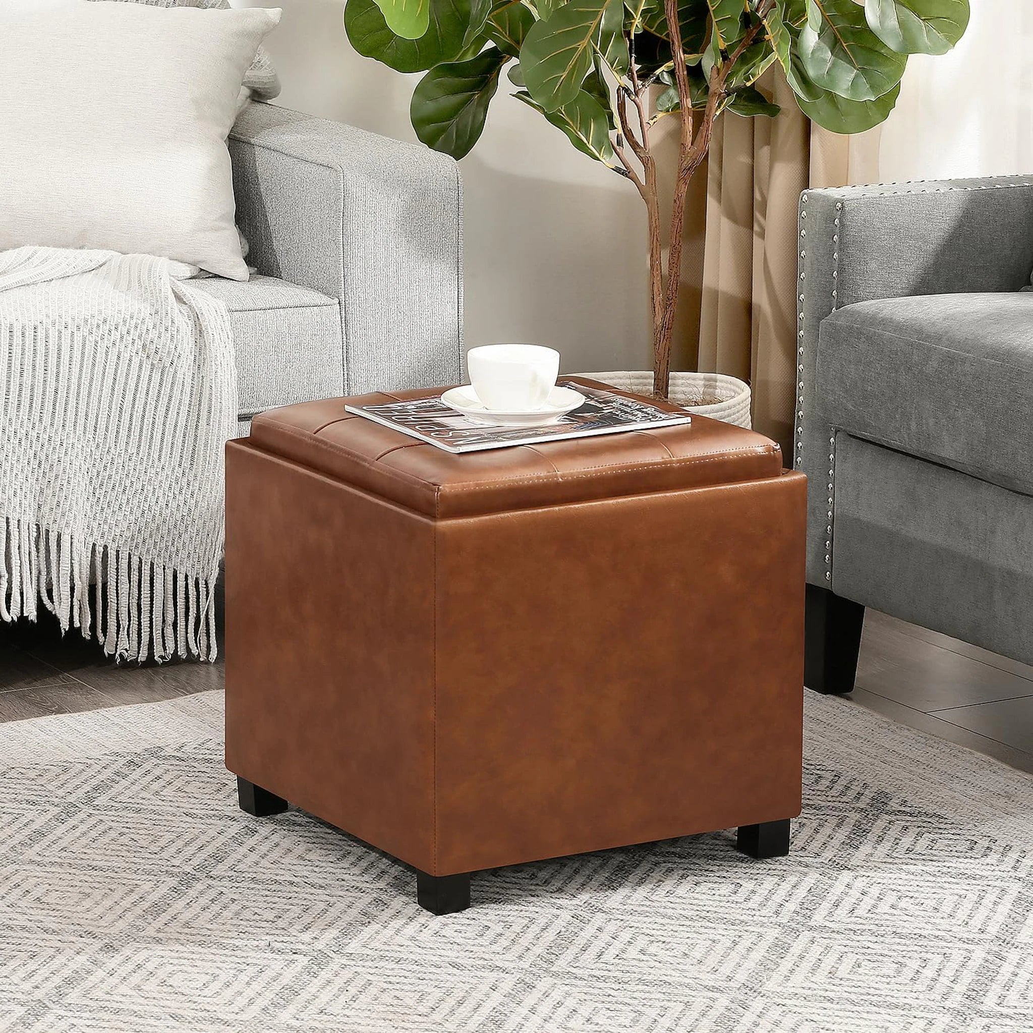 Adeco Cognac Brown – Upgraded Version Tray-Top Faux Leather Square Storage Ottoman – lifestyle room view