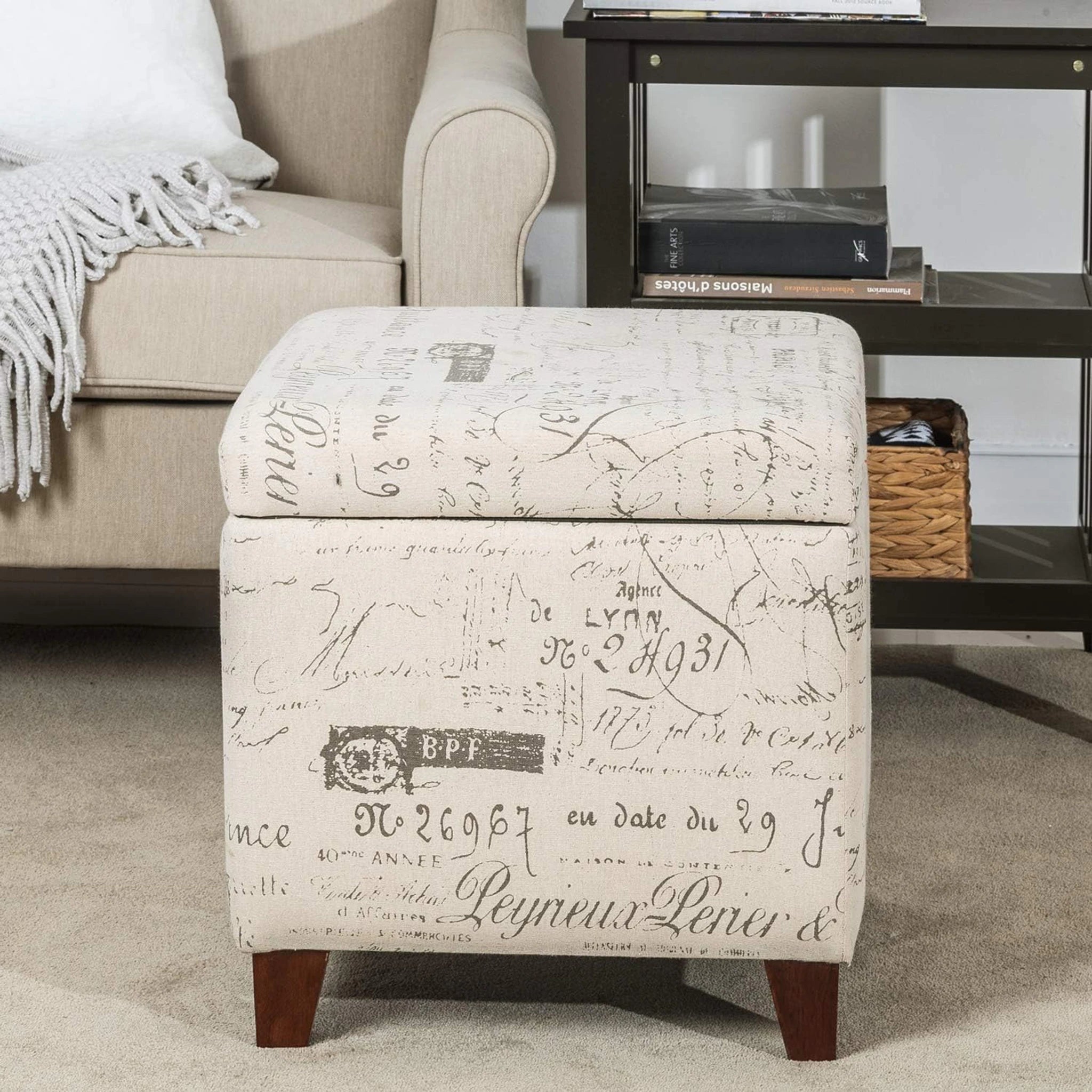 Adeco Cream White Fabric Square Storage Ottoman – lifestyle room view