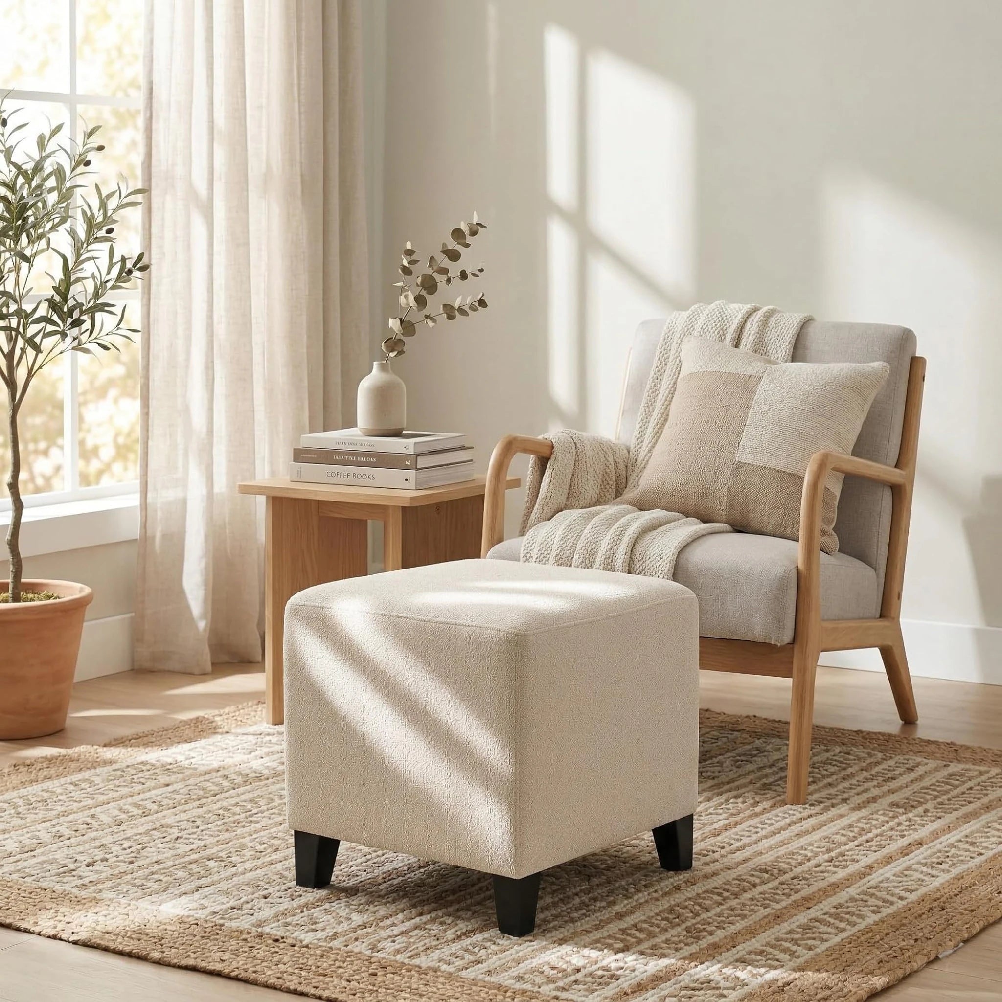 Adeco Cream White Linen Square Vanity Stool – styled home scene