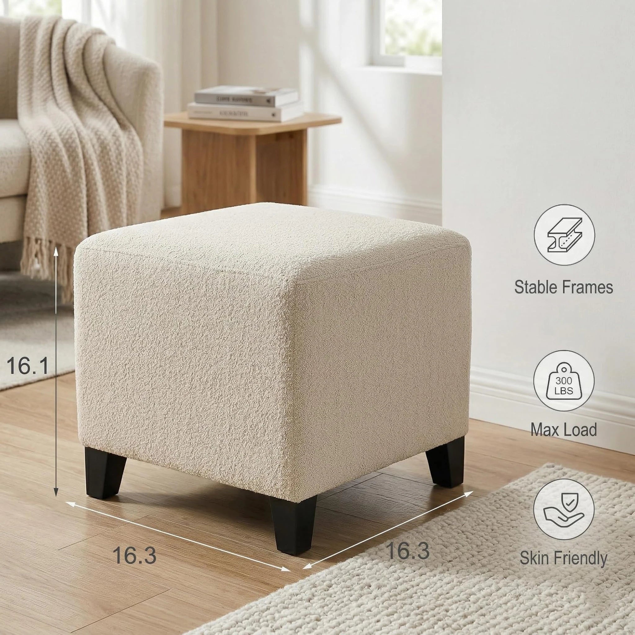 Adeco Cream White Linen Square Vanity Stool – dimensions chart