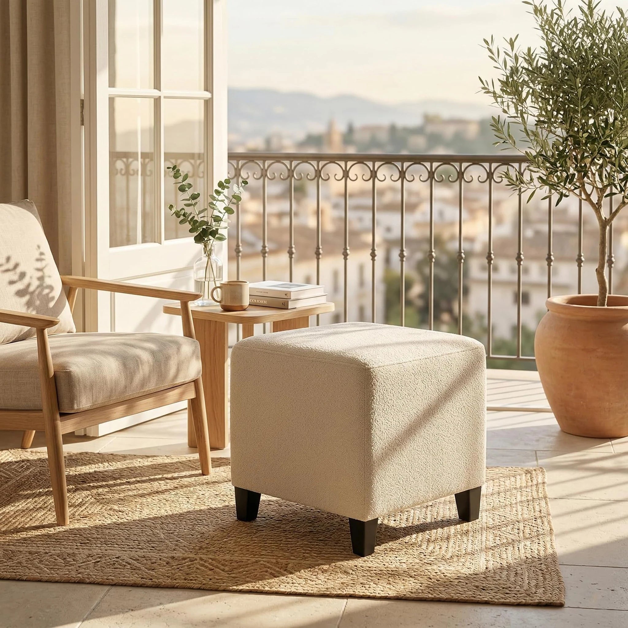 Adeco Cream White Linen Square Vanity Stool – lifestyle room view