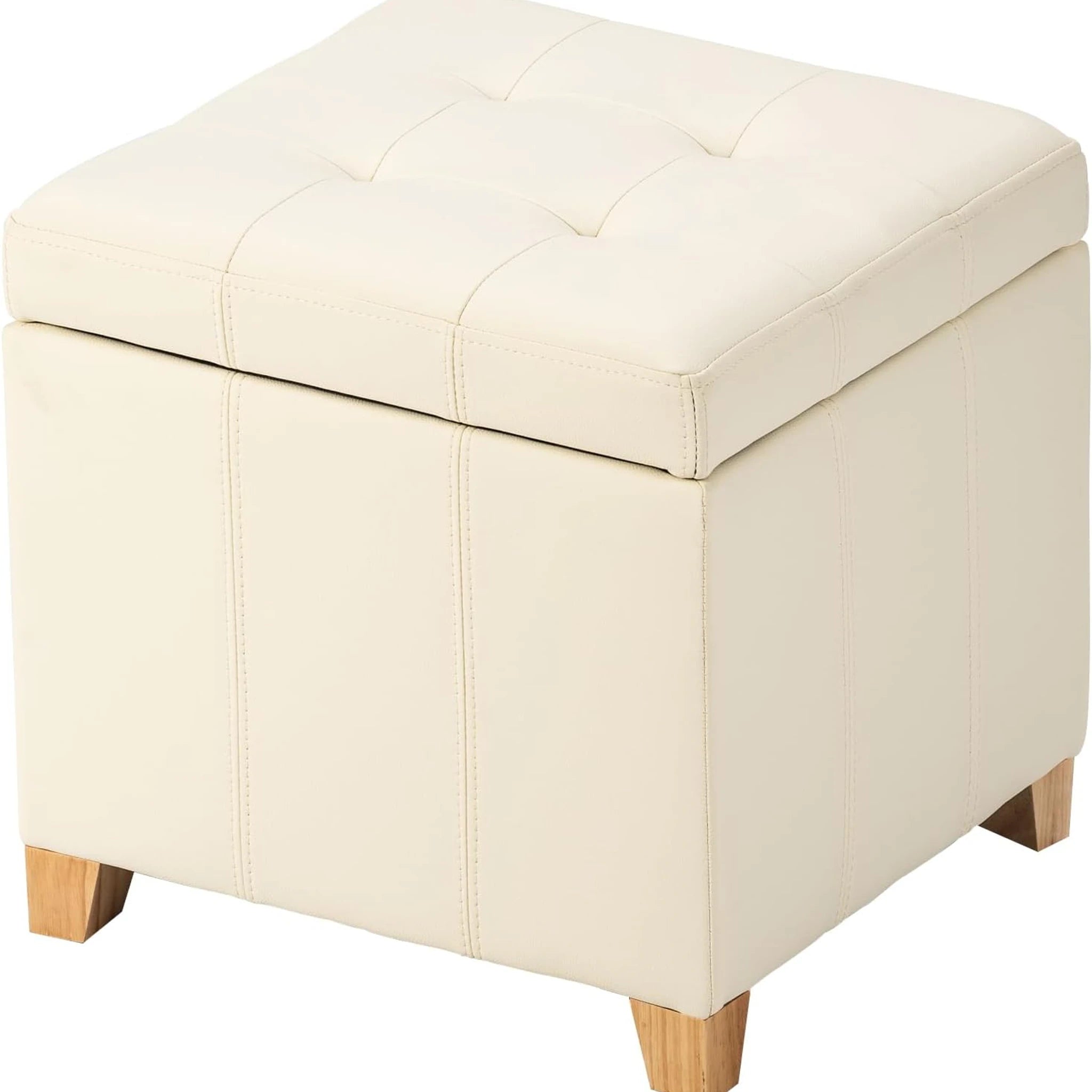 Adeco Cream White With Solid Wood Legs Tufted Faux Leather Square Storage Ottoman – styled home scene