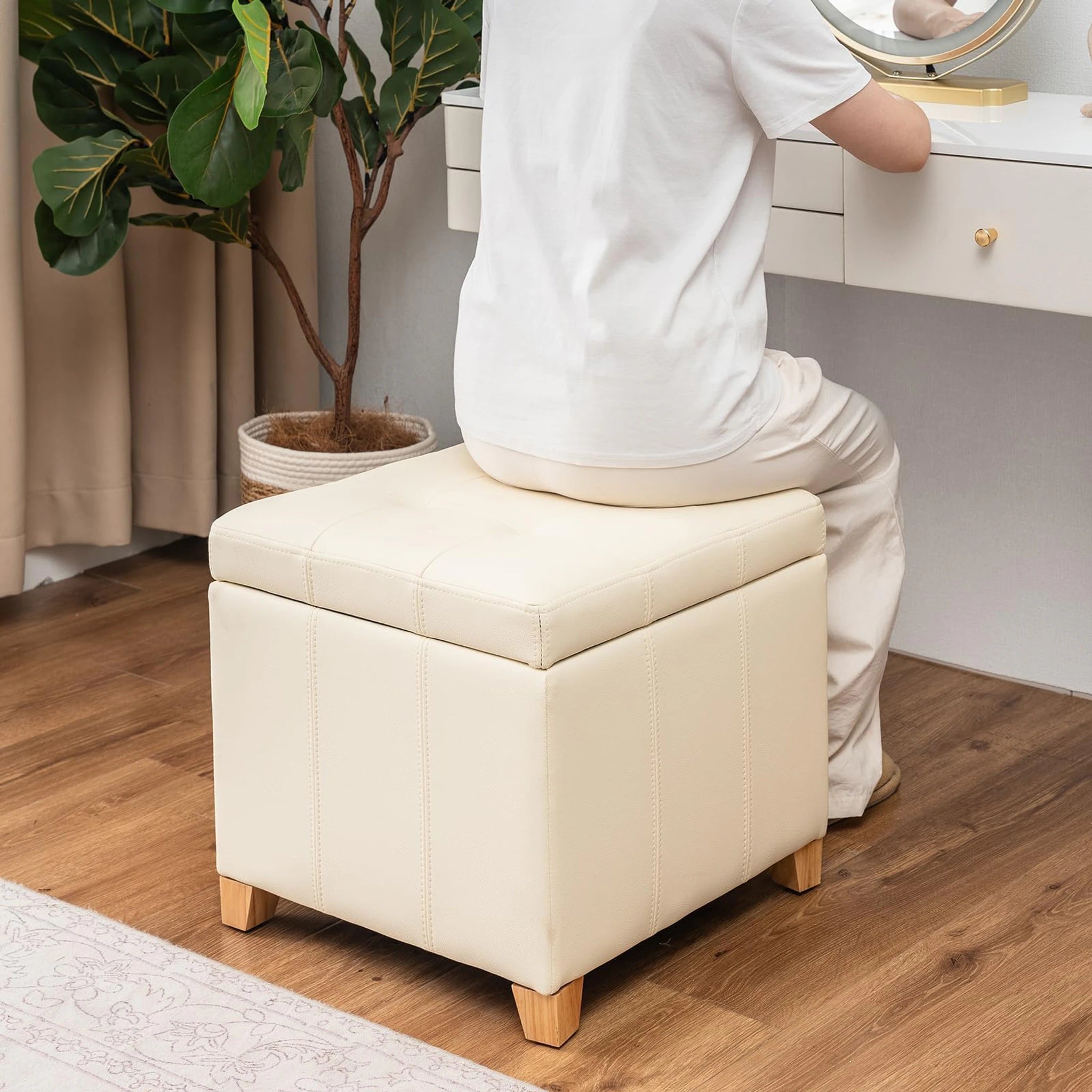 Adeco Cream White With Solid Wood Legs Tufted Faux Leather Square Storage Ottoman – lifestyle room view