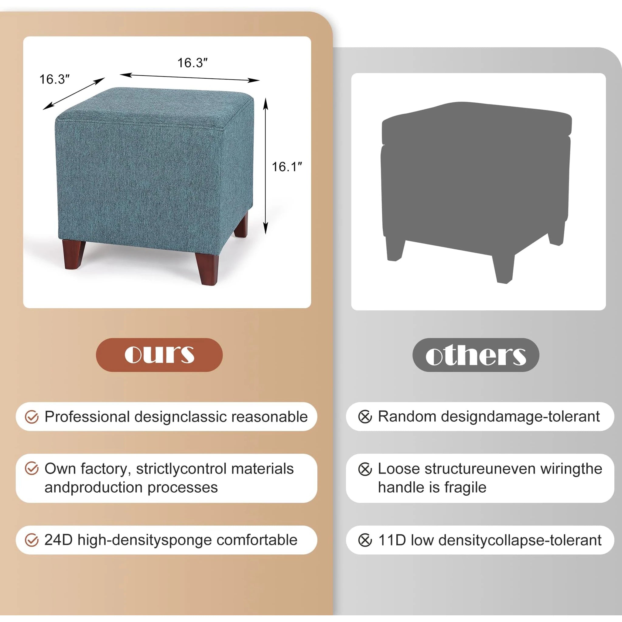 Adeco Cyan Linen Square Vanity Stool – dimensions chart