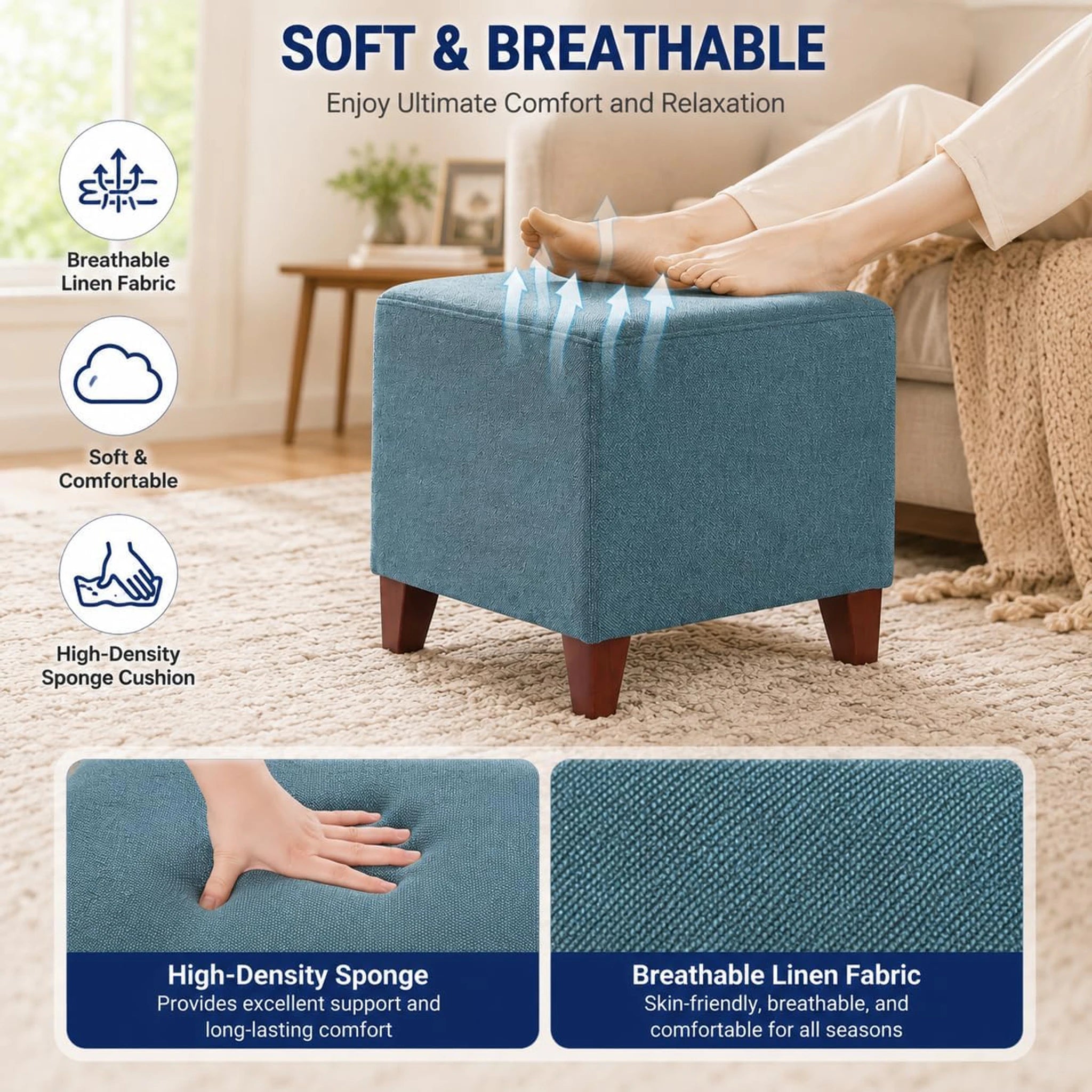 Adeco Cyan Linen Square Vanity Stool – lifestyle room view