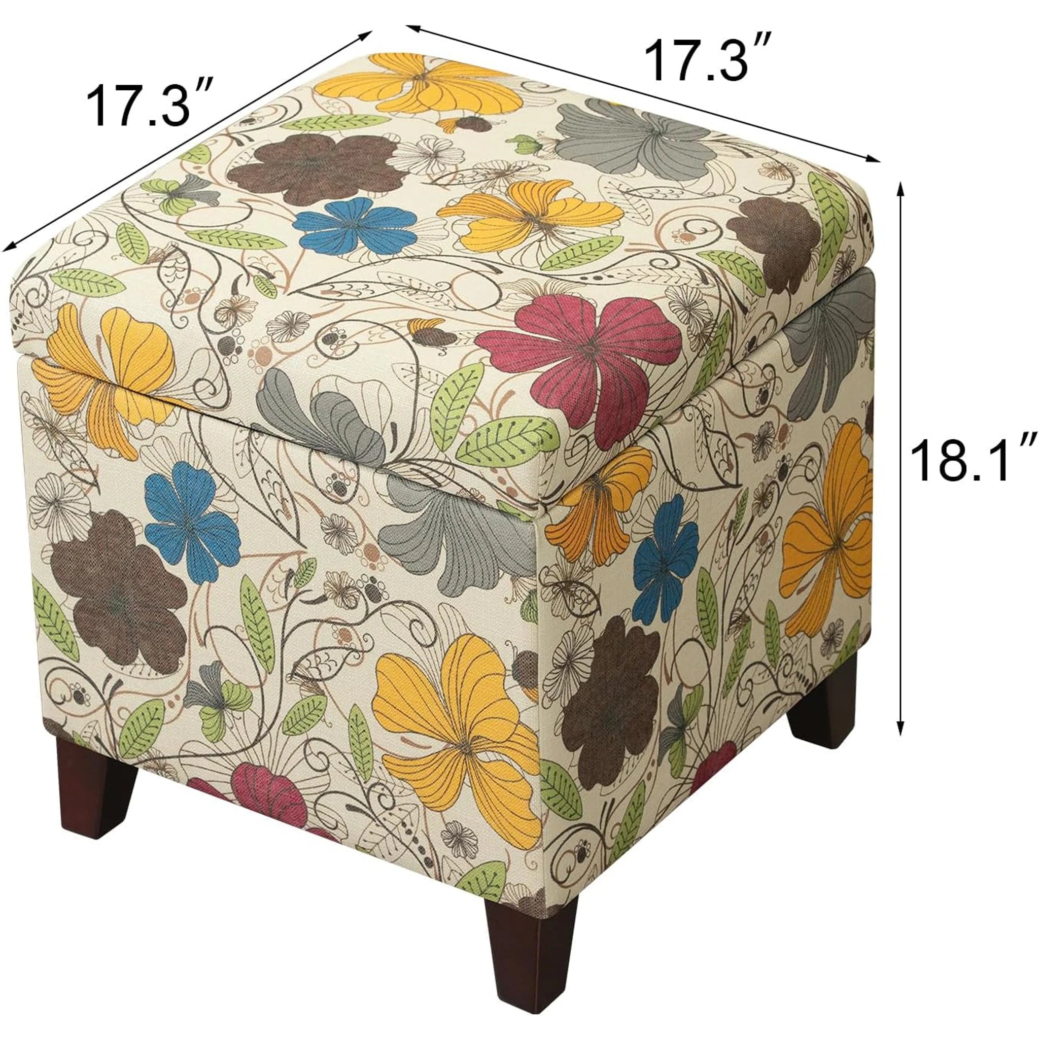 Adeco D Black Fabric Square Storage Ottoman – dimensions chart