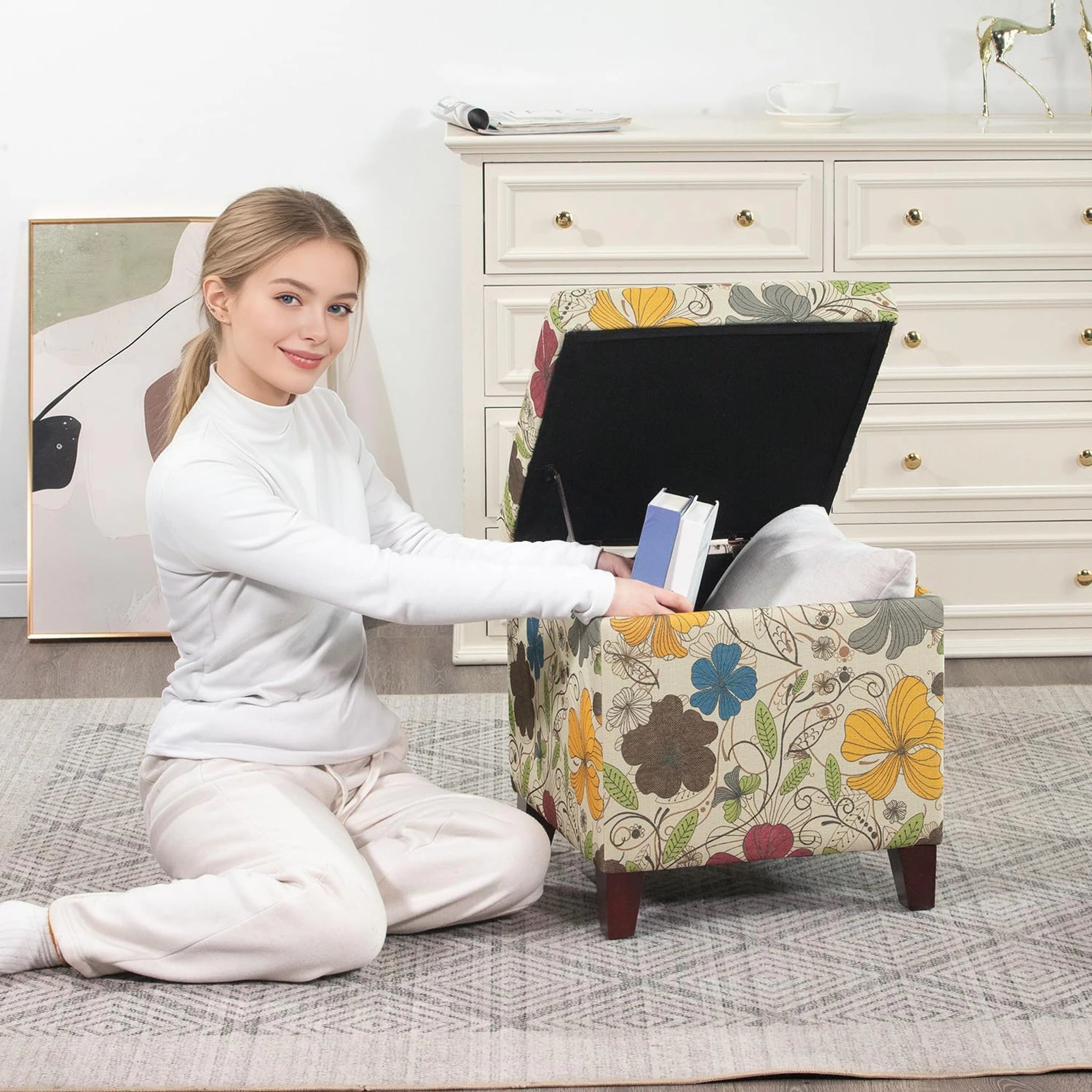 Adeco D Black Fabric Square Storage Ottoman – detail and materials view
