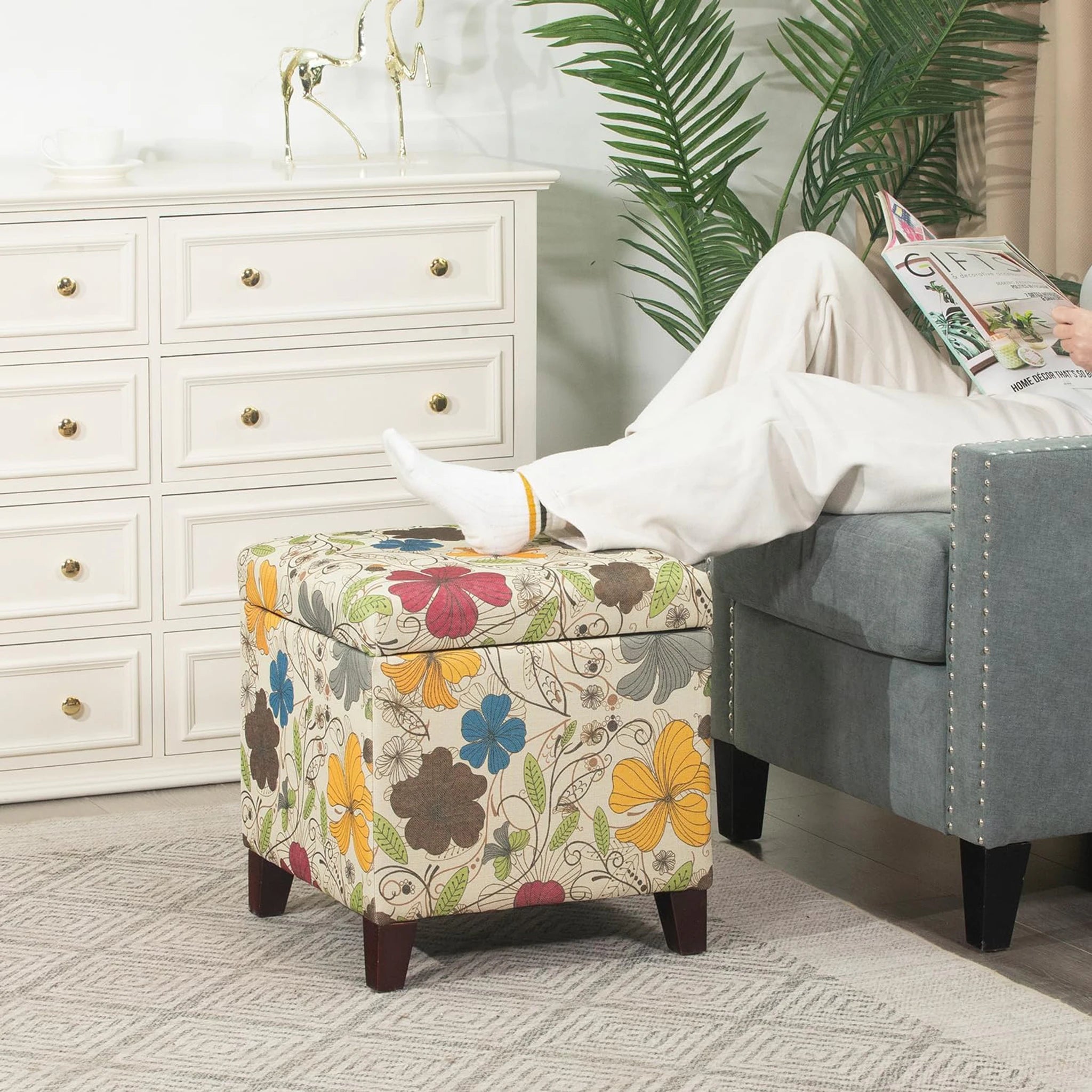 Adeco D Black Fabric Square Storage Ottoman – lifestyle room view
