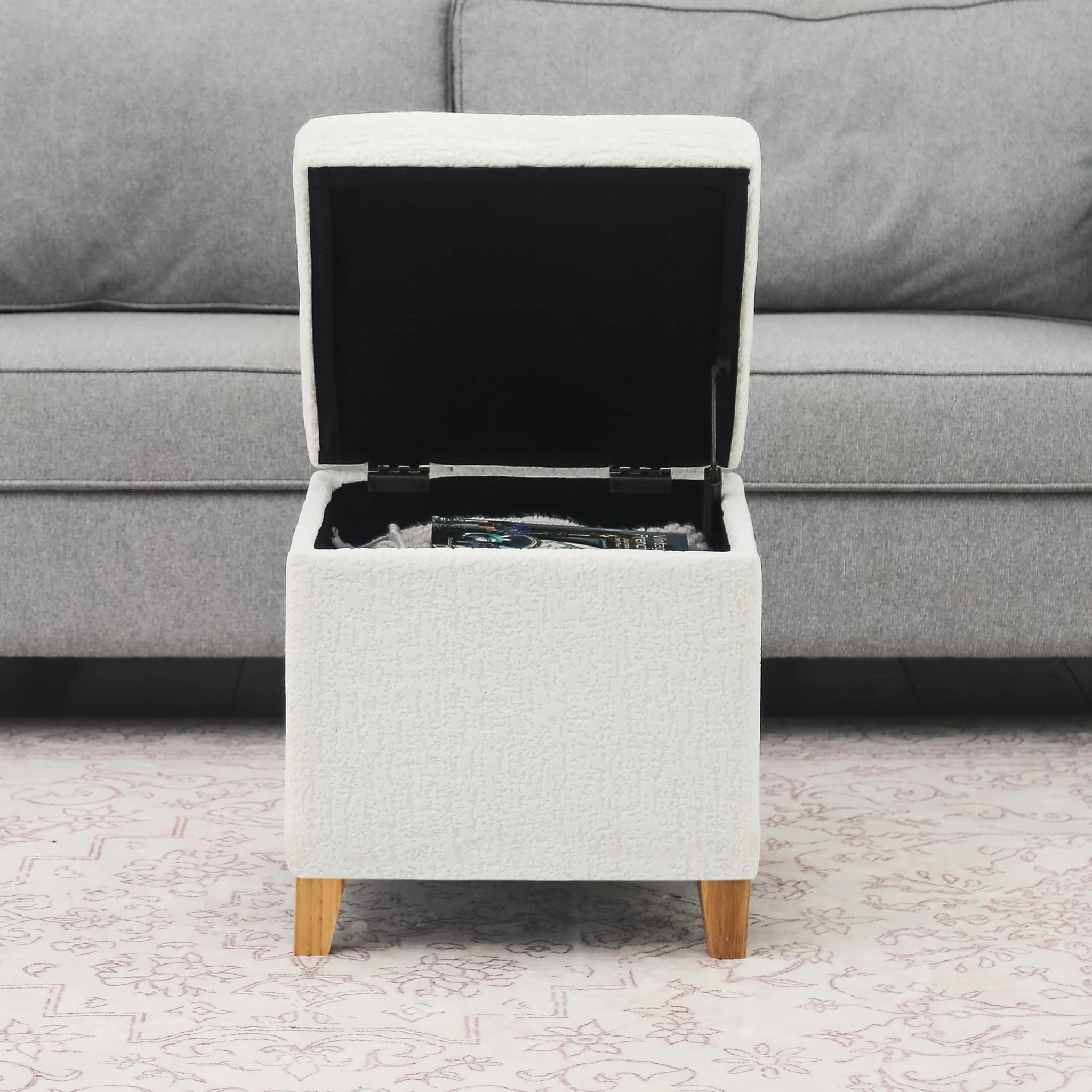 Adeco D Embossed White Fabric Square Storage Ottoman – lifestyle room view