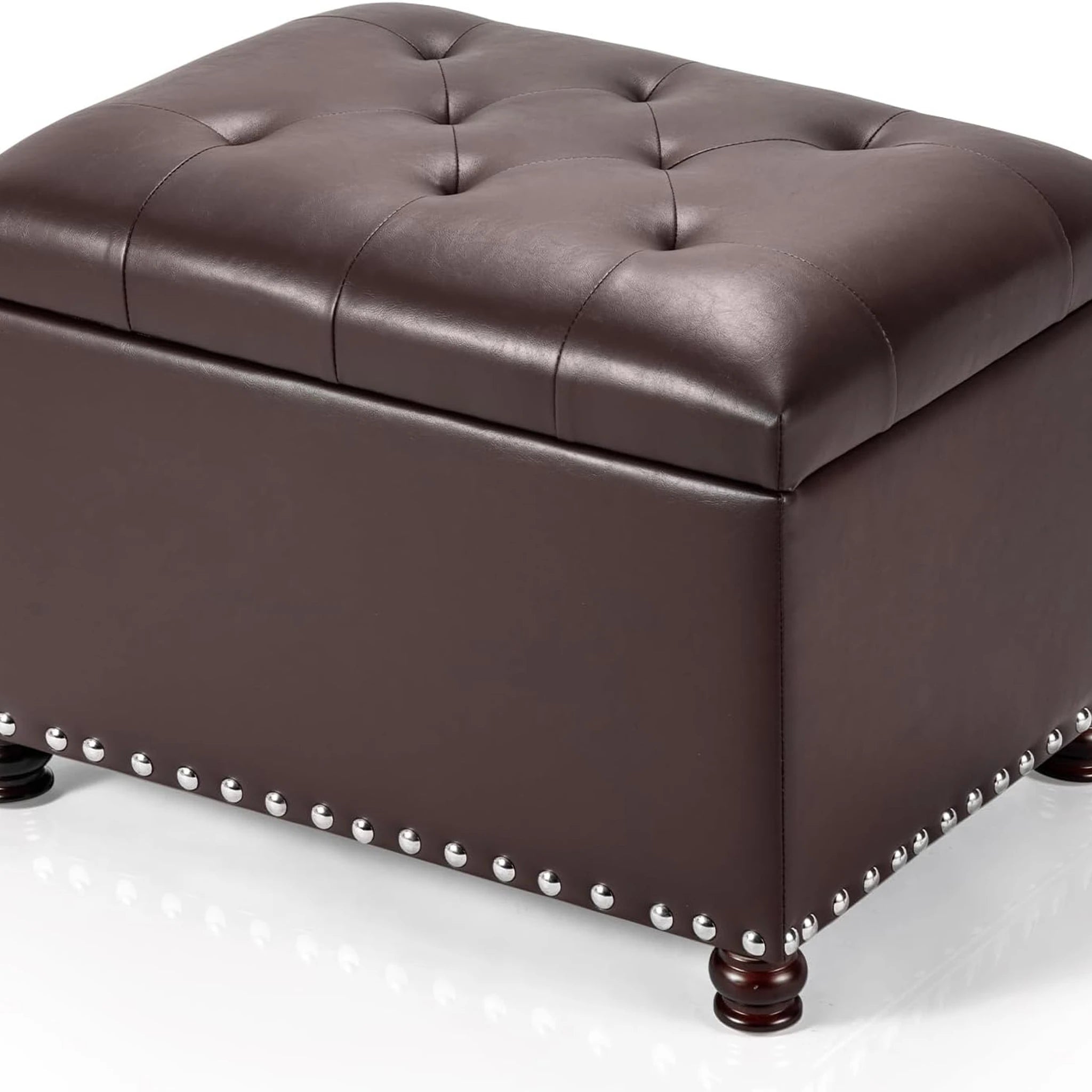 Adeco Dark Brown Lift-Top Tufted Faux Leather Storage Ottoman – styled home scene