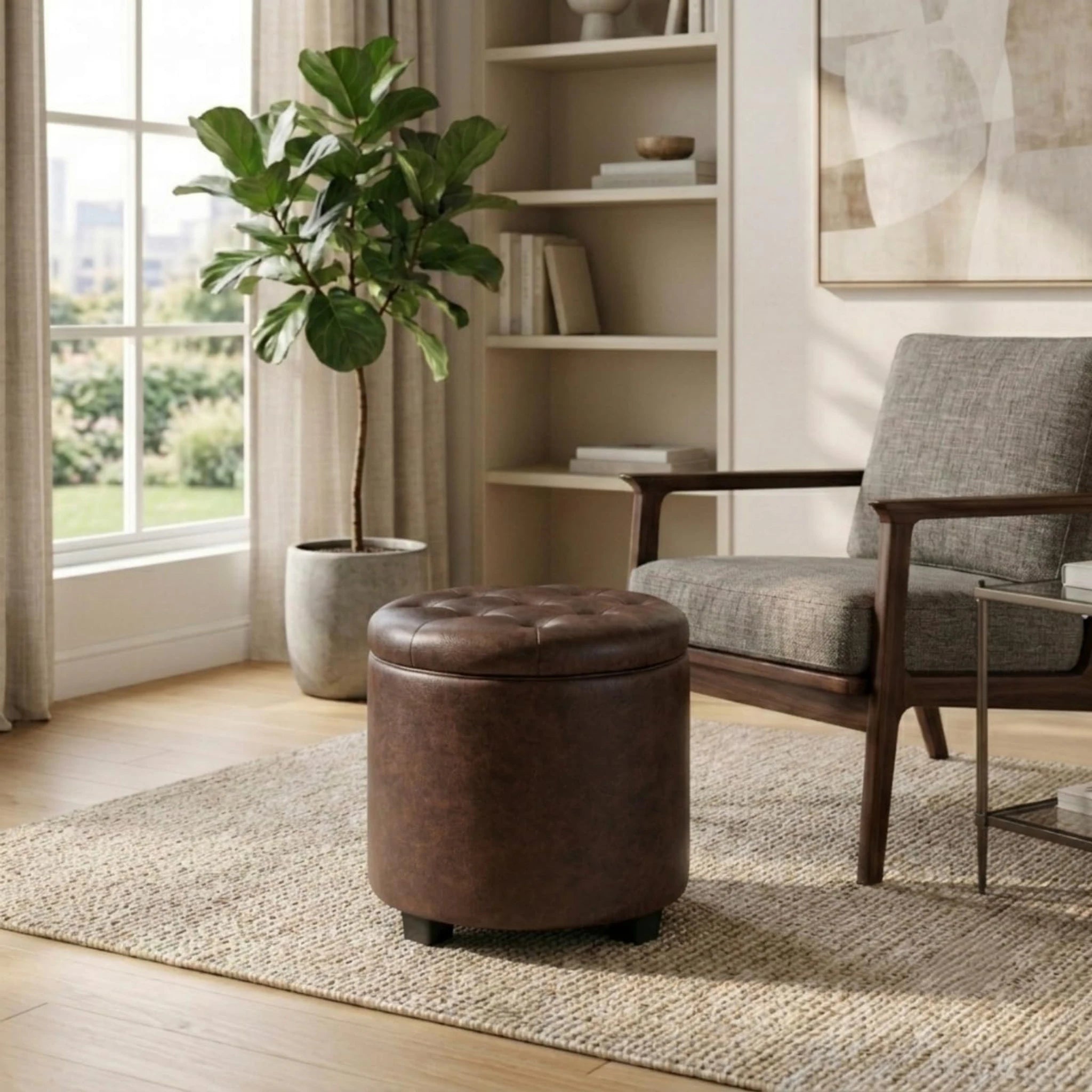 Adeco Dark Brown Tufted Faux Leather Round Storage Ottoman – styled home scene