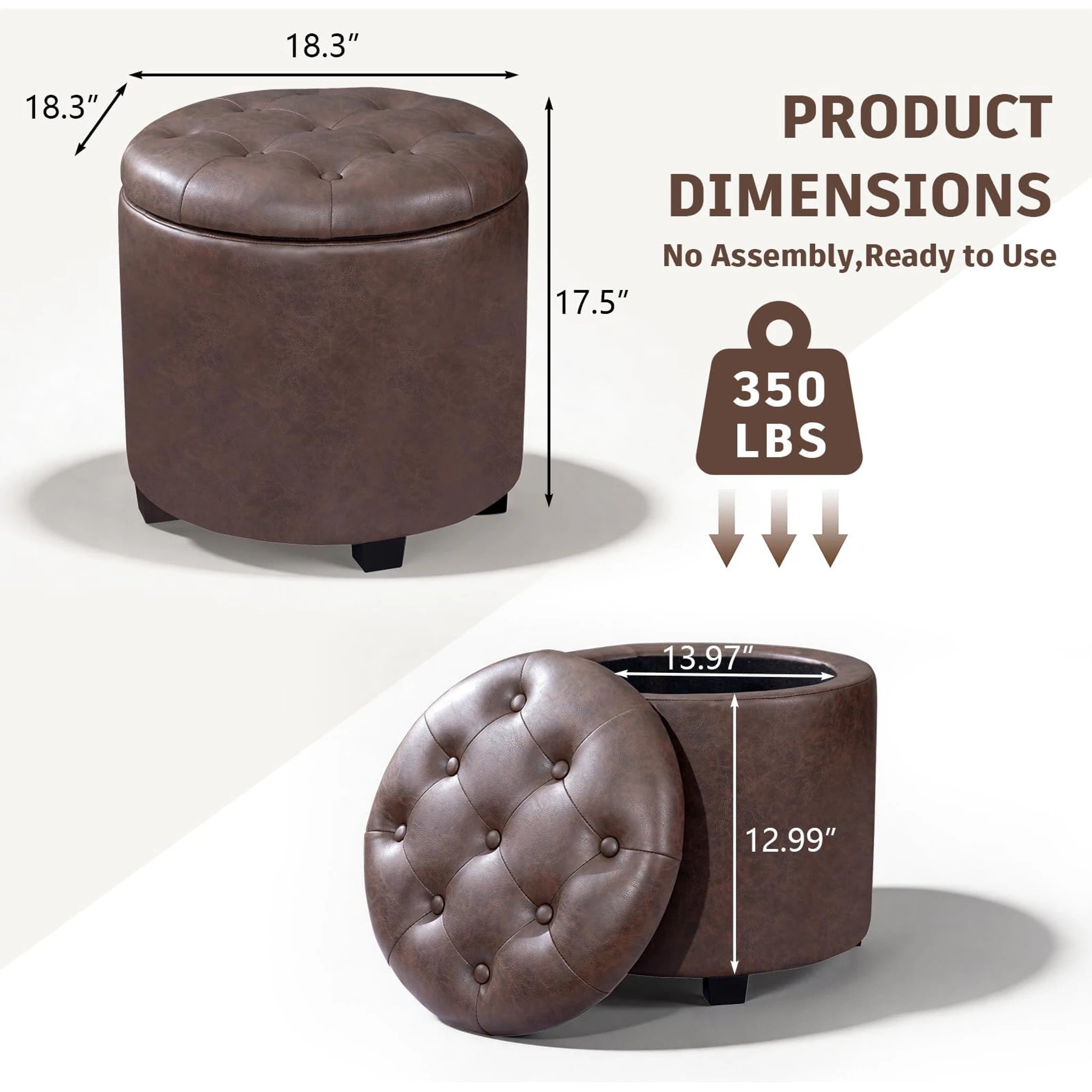 Adeco Dark Brown Tufted Faux Leather Round Storage Ottoman – dimensions chart