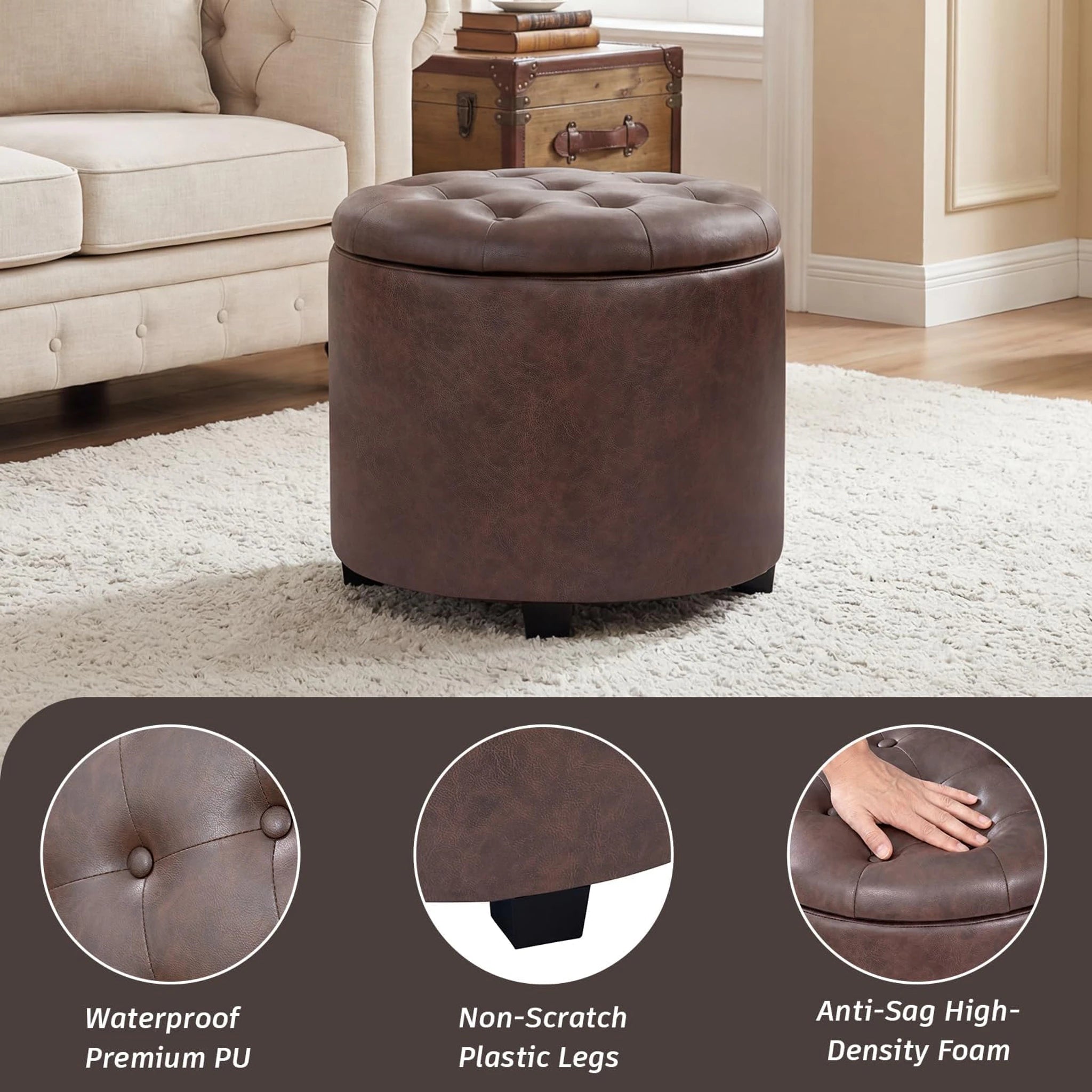 Adeco Dark Brown Tufted Faux Leather Round Storage Ottoman – detail and materials view