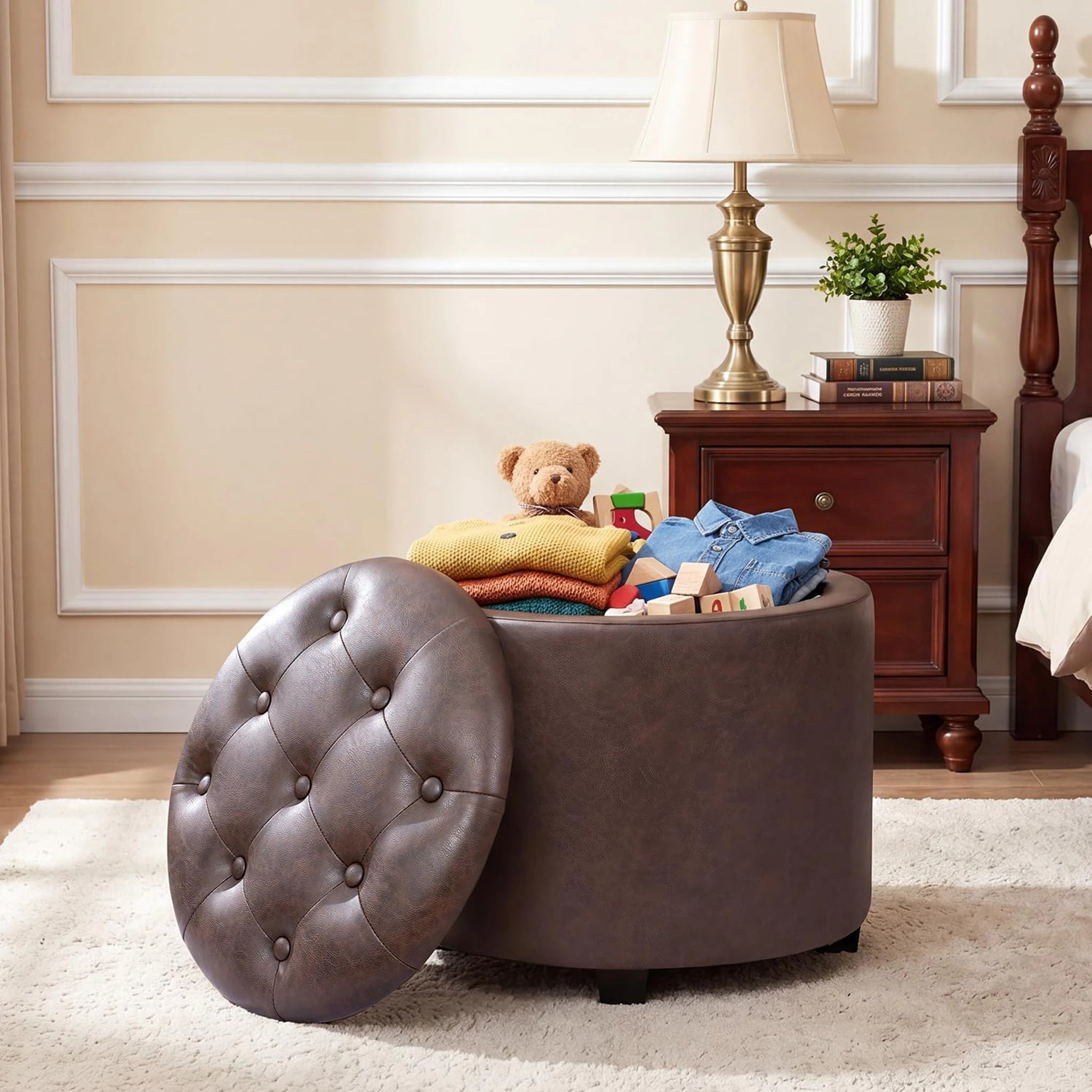 Adeco Dark Brown Tufted Faux Leather Round Storage Ottoman – lifestyle room view