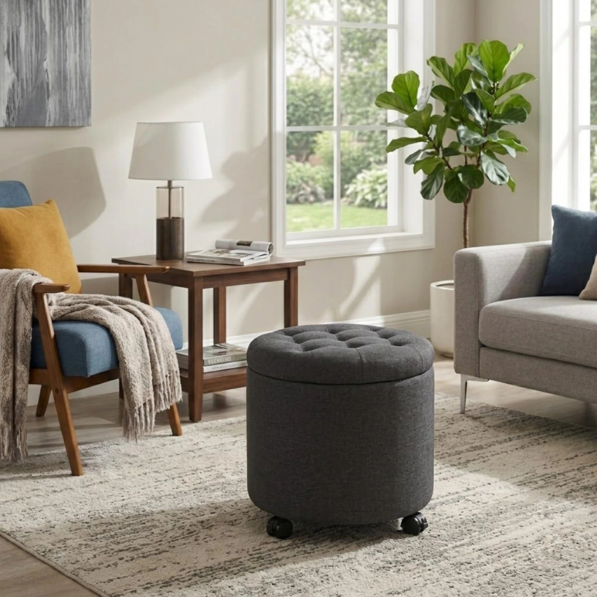 Adeco Dark Gray With Wheels Linen Round Storage Ottoman with Wheels – styled home scene