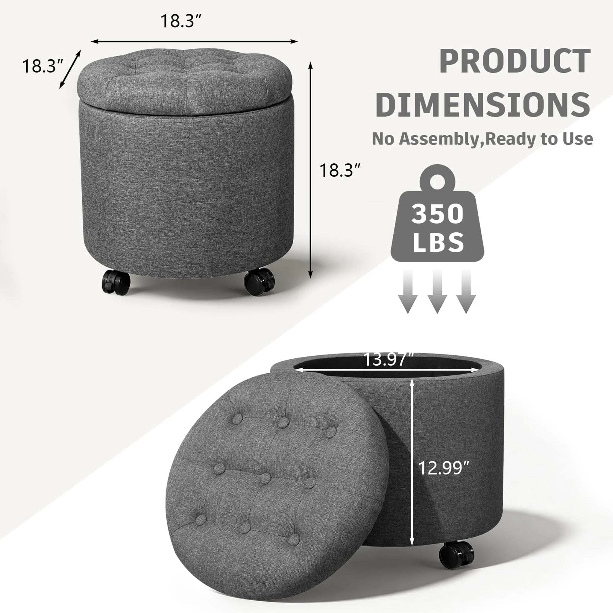 Adeco Dark Gray With Wheels Linen Round Storage Ottoman with Wheels – dimensions chart