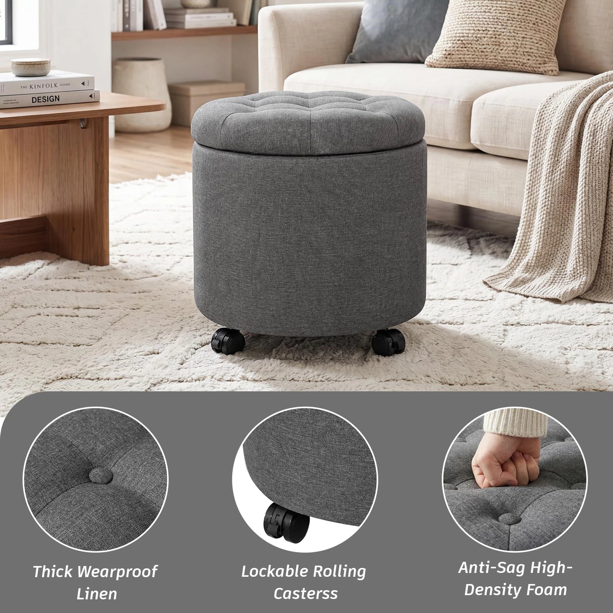 Adeco Dark Gray With Wheels Linen Round Storage Ottoman with Wheels – detail and materials view