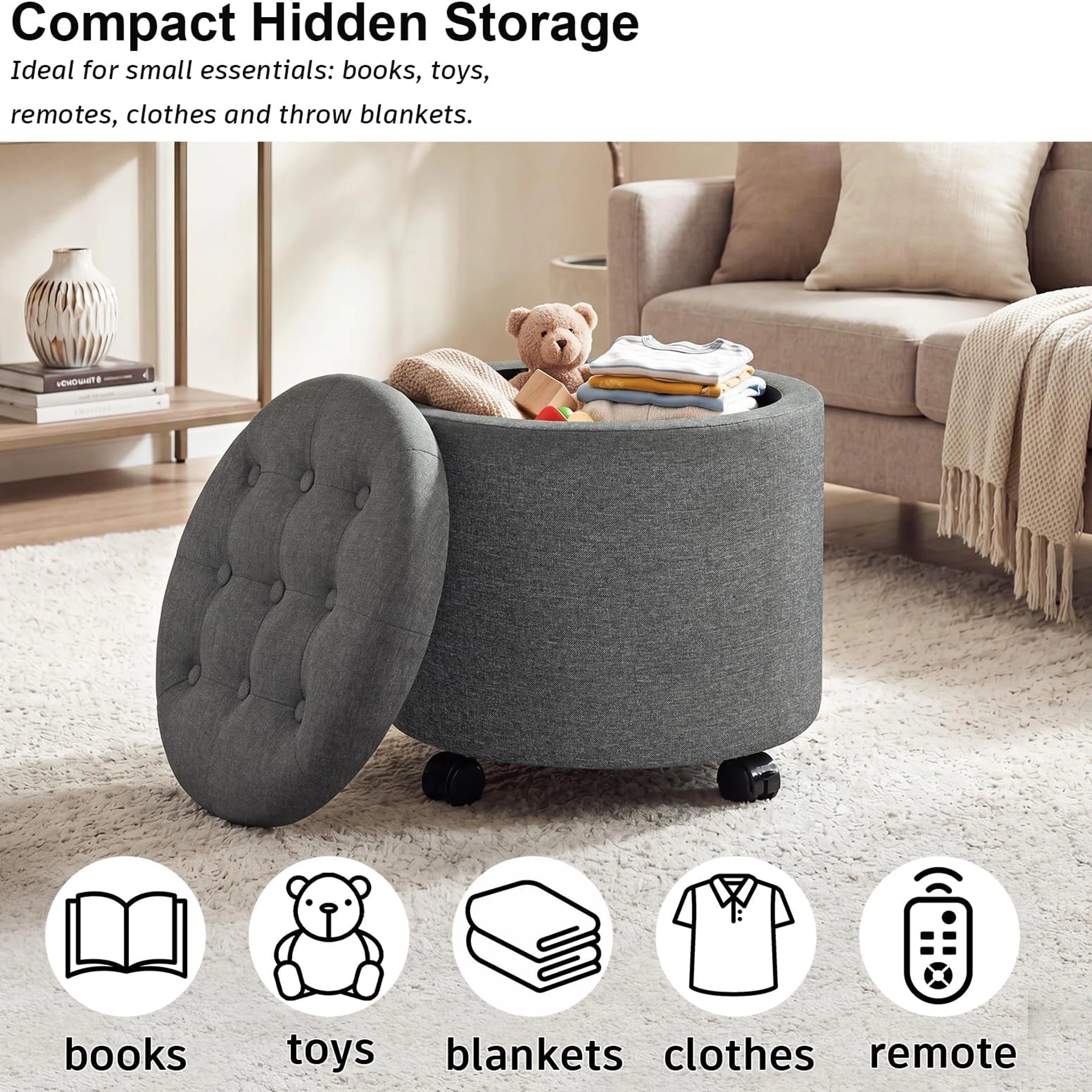 Adeco Dark Gray With Wheels Linen Round Storage Ottoman with Wheels – lifestyle room view